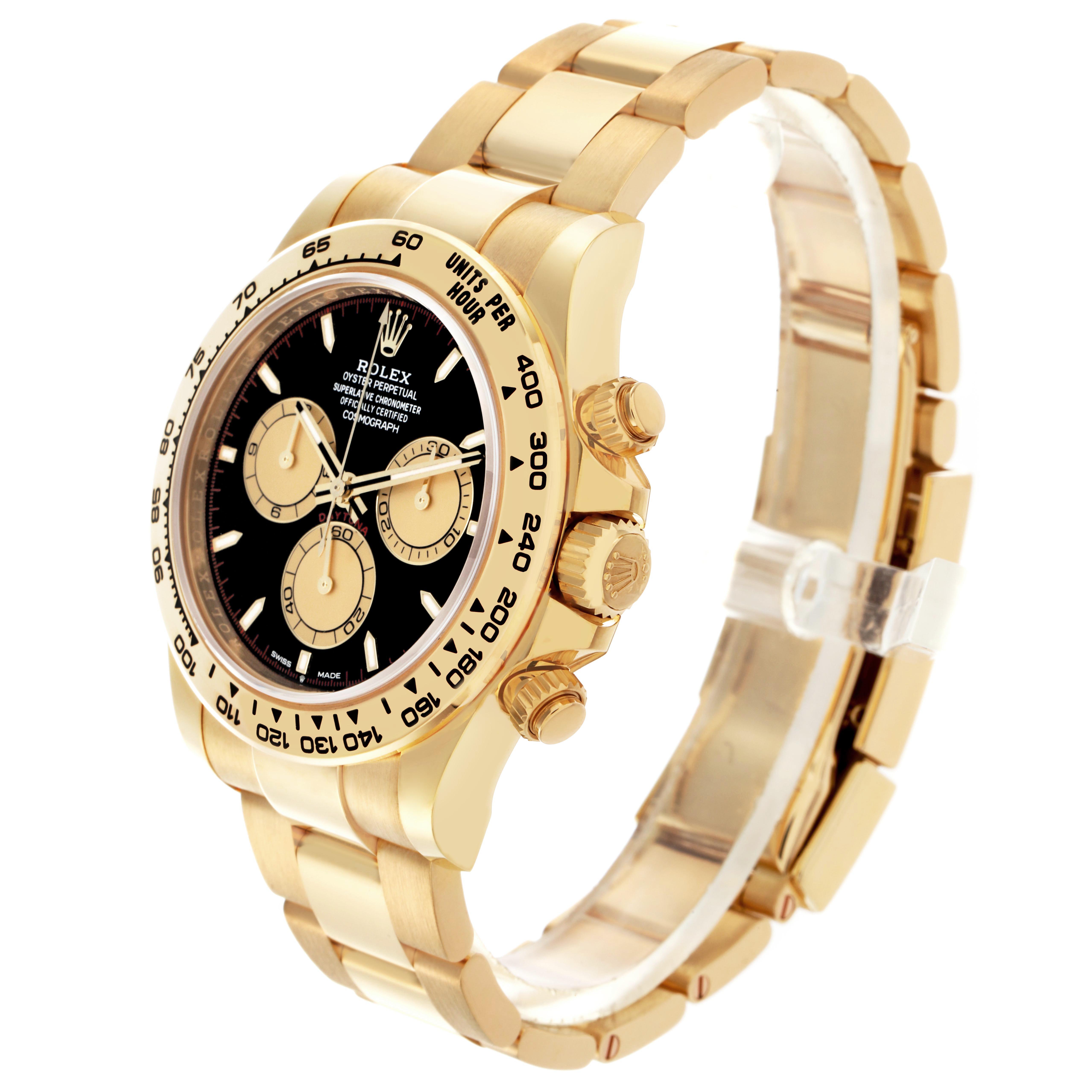 The Rolex Daytona 126508 Men
s Yellow Gold Black Dial 126508 Men
s Yellow Gold Black Dial watch is shown at a three-quarter angle, displaying the face, bezel, crown, and bracelet.