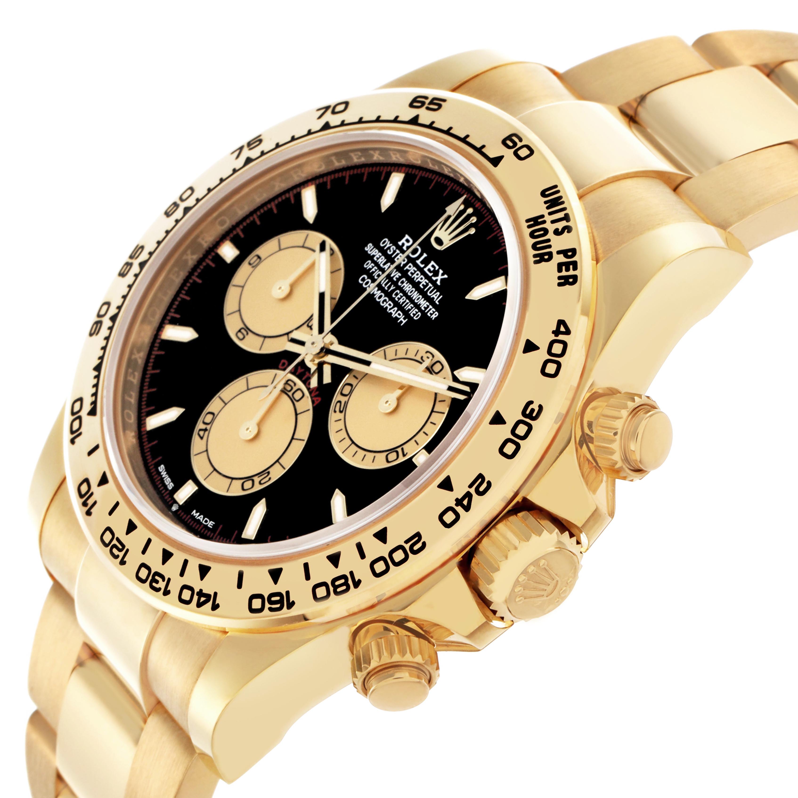 The Rolex Daytona 126508 Men
s Yellow Gold Black Dial 126508 Men
s Yellow Gold Black Dial watch is shown at a slight angle, highlighting the bezel, dial, and pushers on the right side.