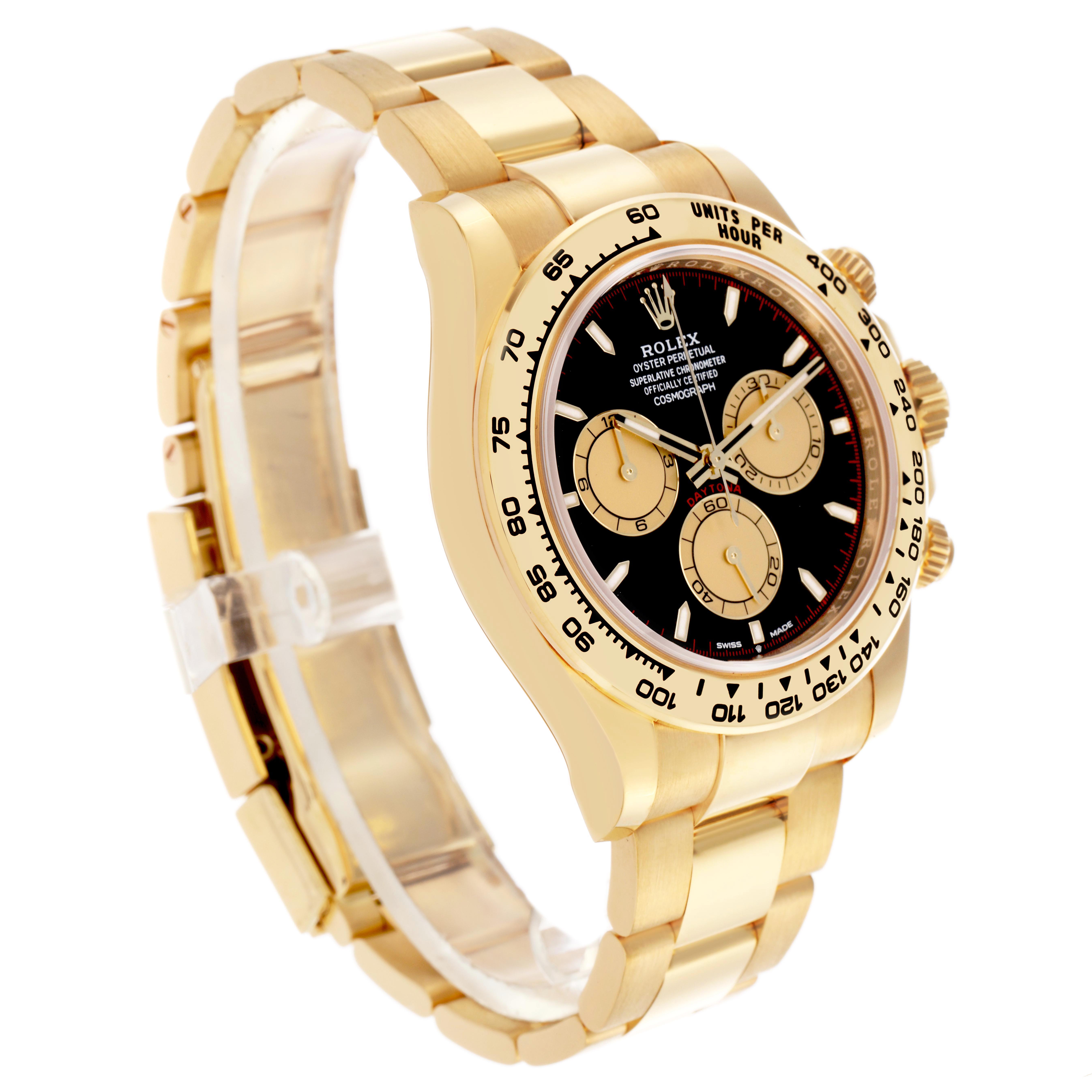The Rolex Daytona 126508 Men
s Yellow Gold Black Dial 126508 Men
s Yellow Gold Black Dial watch is shown at a side angle, highlighting the bezel, dial, and bracelet.
