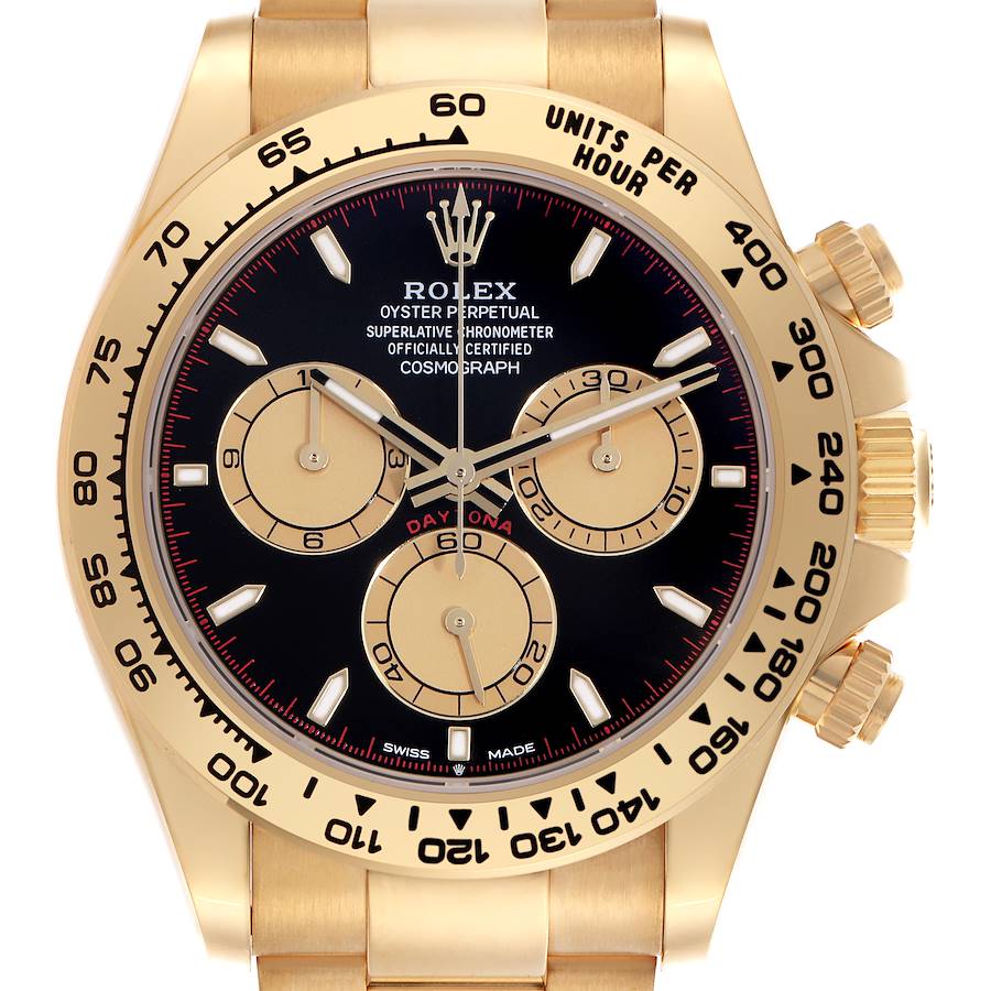 The Rolex Daytona watch is shown from a top-down angle, highlighting the dial, bezel, and chronograph sub-dials.