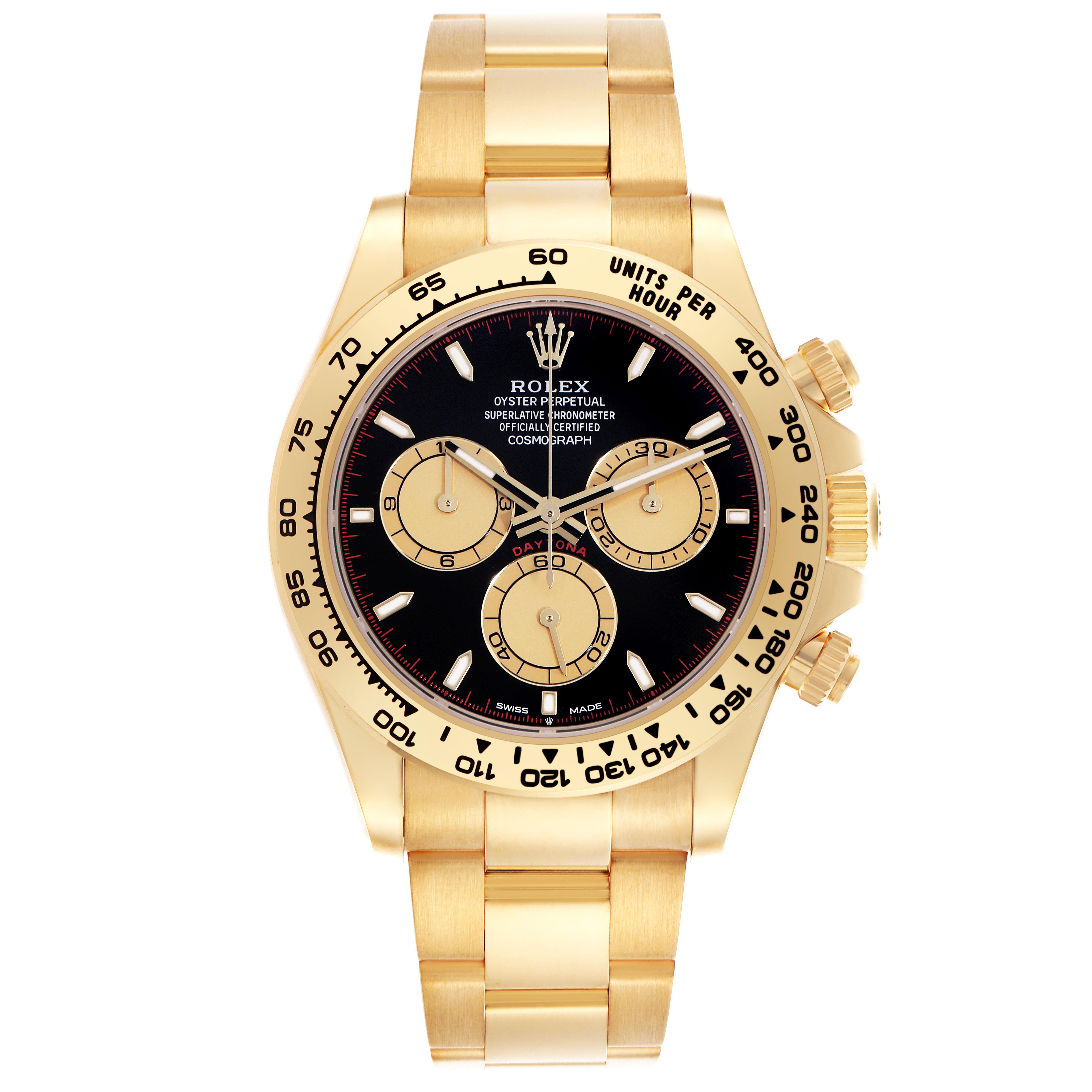 The image shows a front view of a Rolex Daytona 126508 Men
s Yellow Gold Black Dial 126508 Men
s Yellow Gold Black Dial watch, highlighting its gold case, bezel, and bracelet with a black dial.