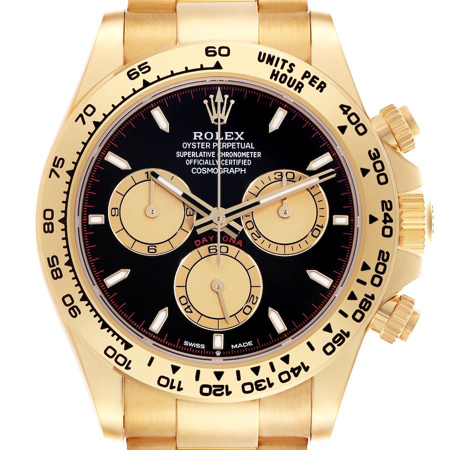 The Rolex Daytona watch is shown from a front angle, highlighting its dial, bezel, and pushers.
