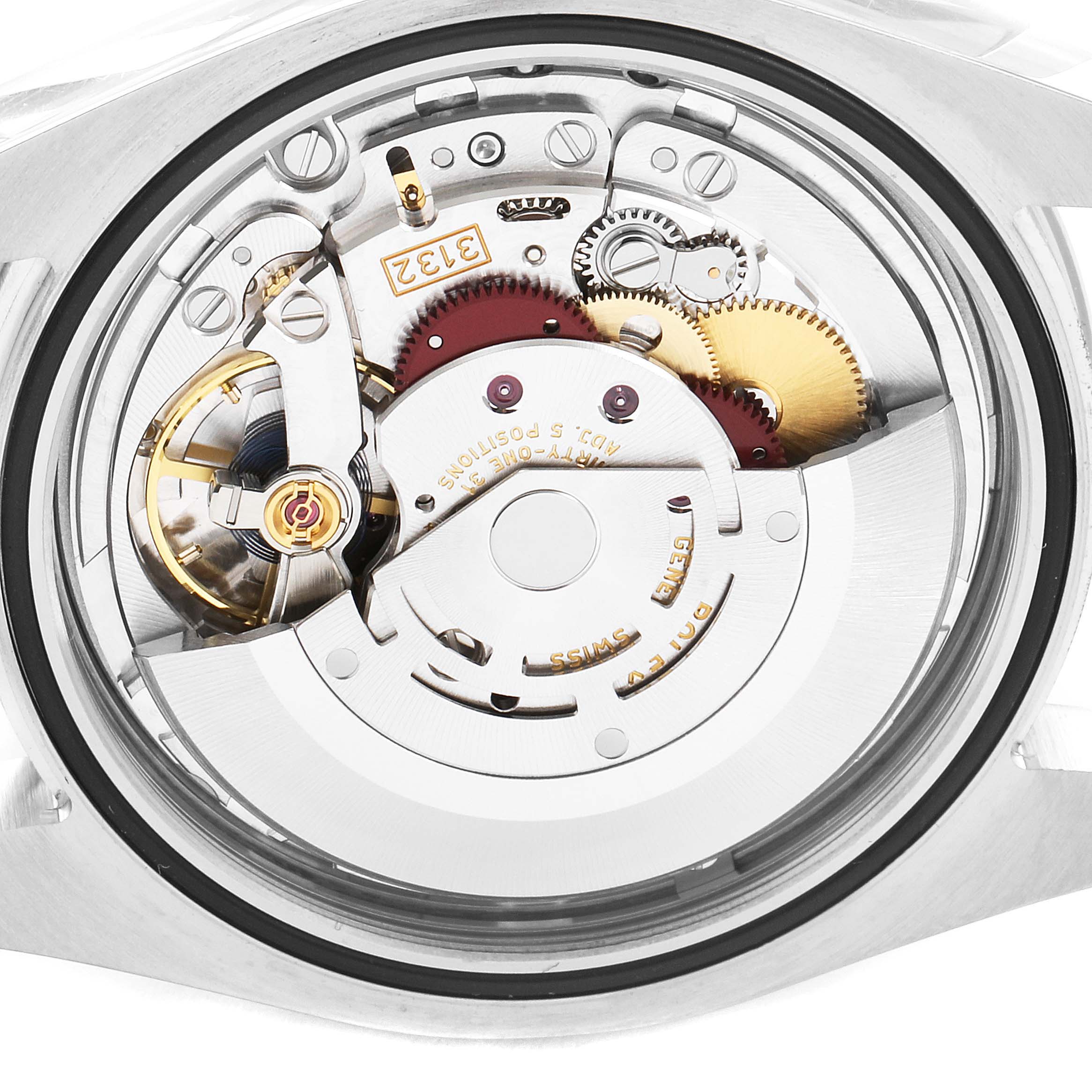 This image shows the inner mechanism and movement of a Rolex Explorer 214270 Men's Stainless Steel Black Dial 214270 Men's Stainless Steel Black Dial watch from a rear, open-case-back angle.