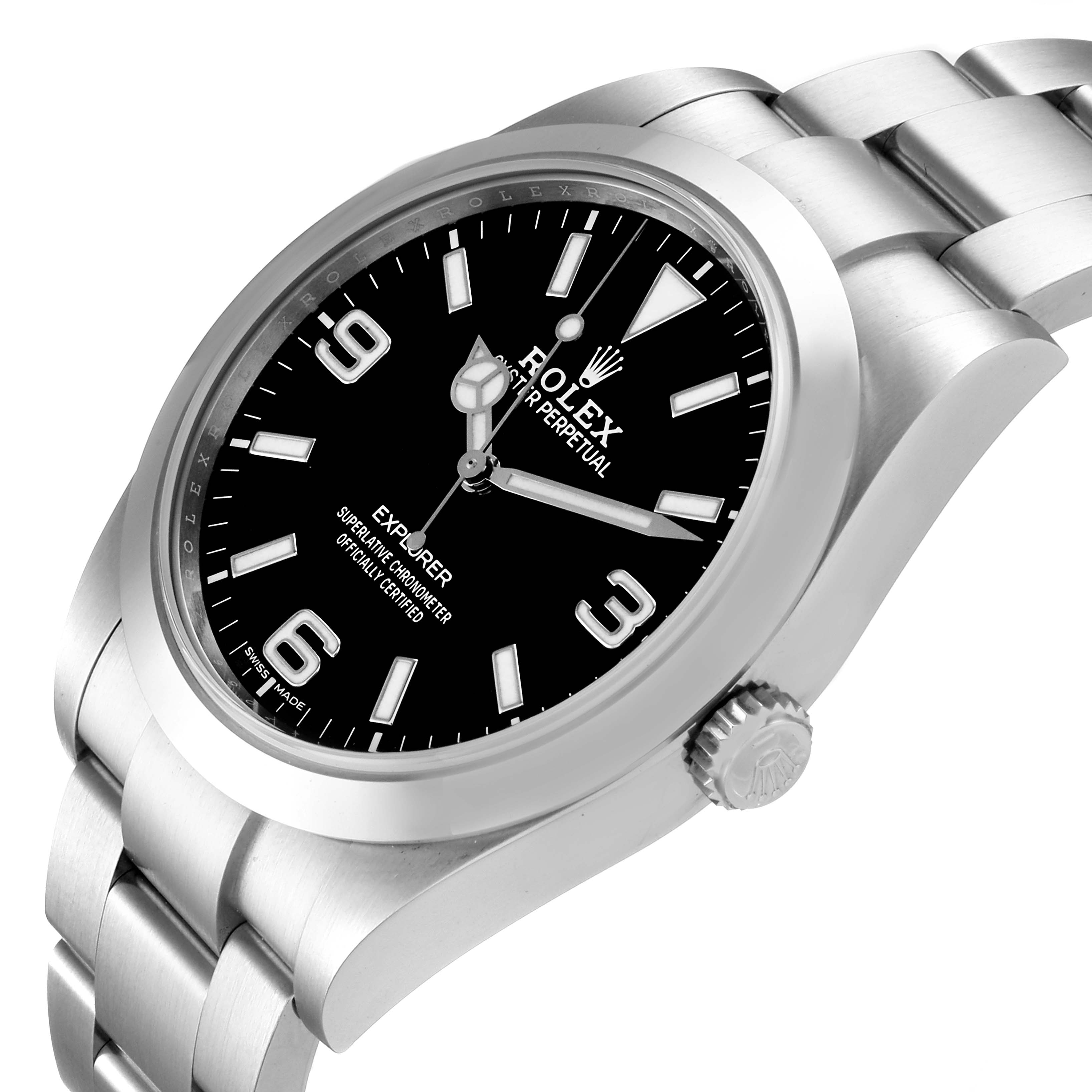 The image shows a Rolex Explorer 214270 Men's Stainless Steel Black Dial 214270 Men's Stainless Steel Black Dial watch at an angle, highlighting the dial, bezel, crown, and part of the bracelet.