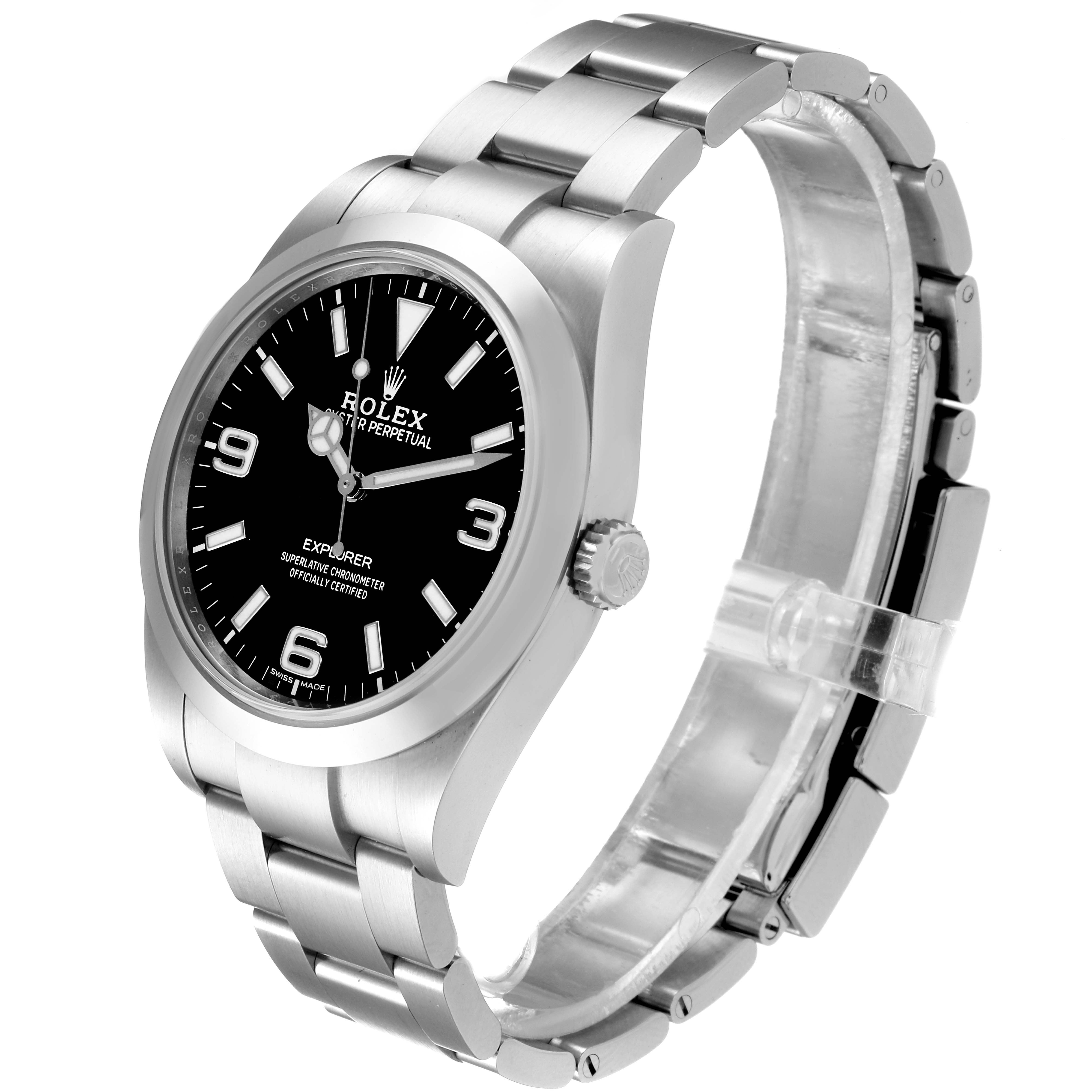 The Rolex Explorer 214270 Men's Stainless Steel Black Dial 214270 Men's Stainless Steel Black Dial watch is shown at a slight side angle, displaying the watch face, crown, and stainless steel band.