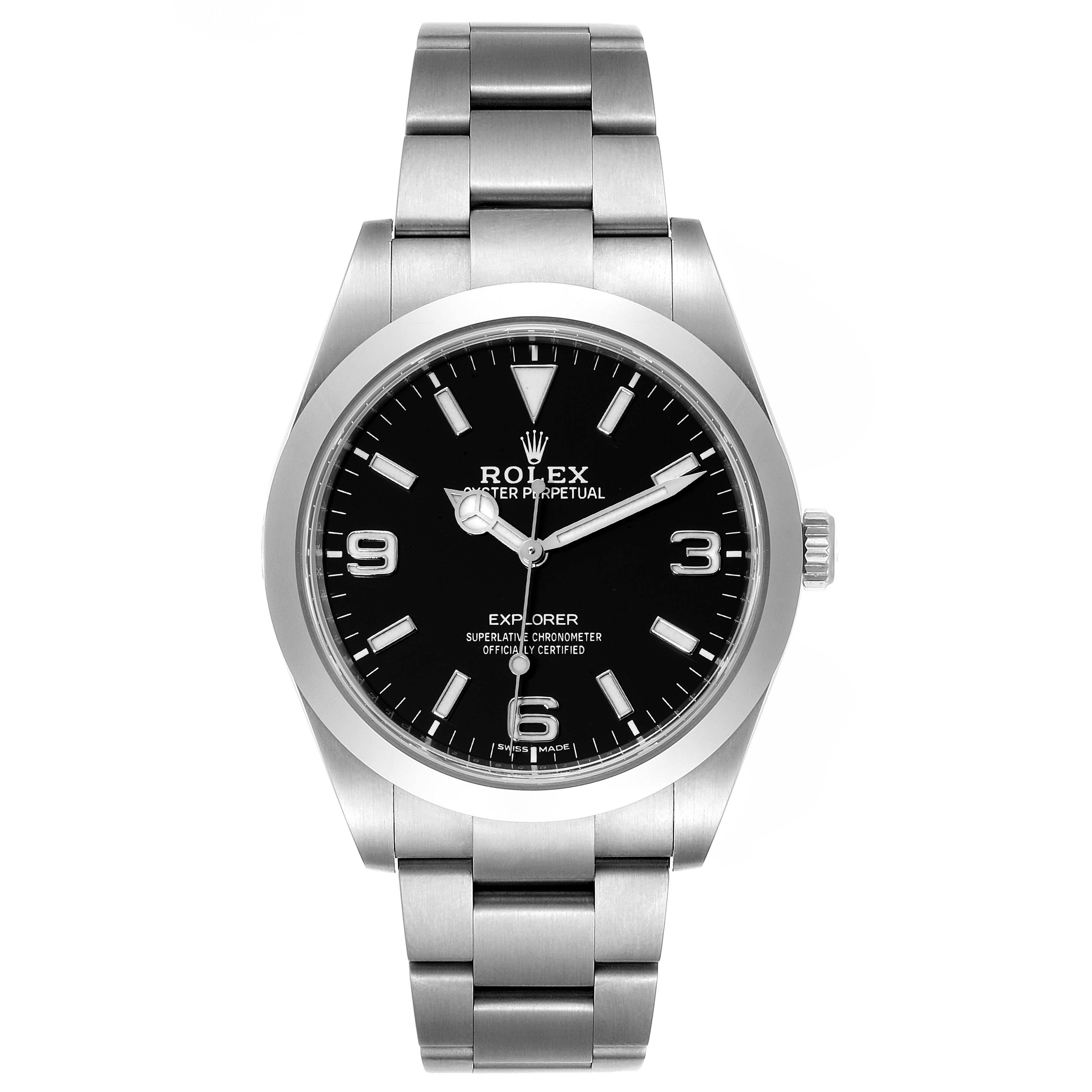 This image shows a front view of the Rolex Explorer 214270 Men's Stainless Steel Black Dial 214270 Men's Stainless Steel Black Dial watch, highlighting the black dial, stainless steel case, and bracelet.
