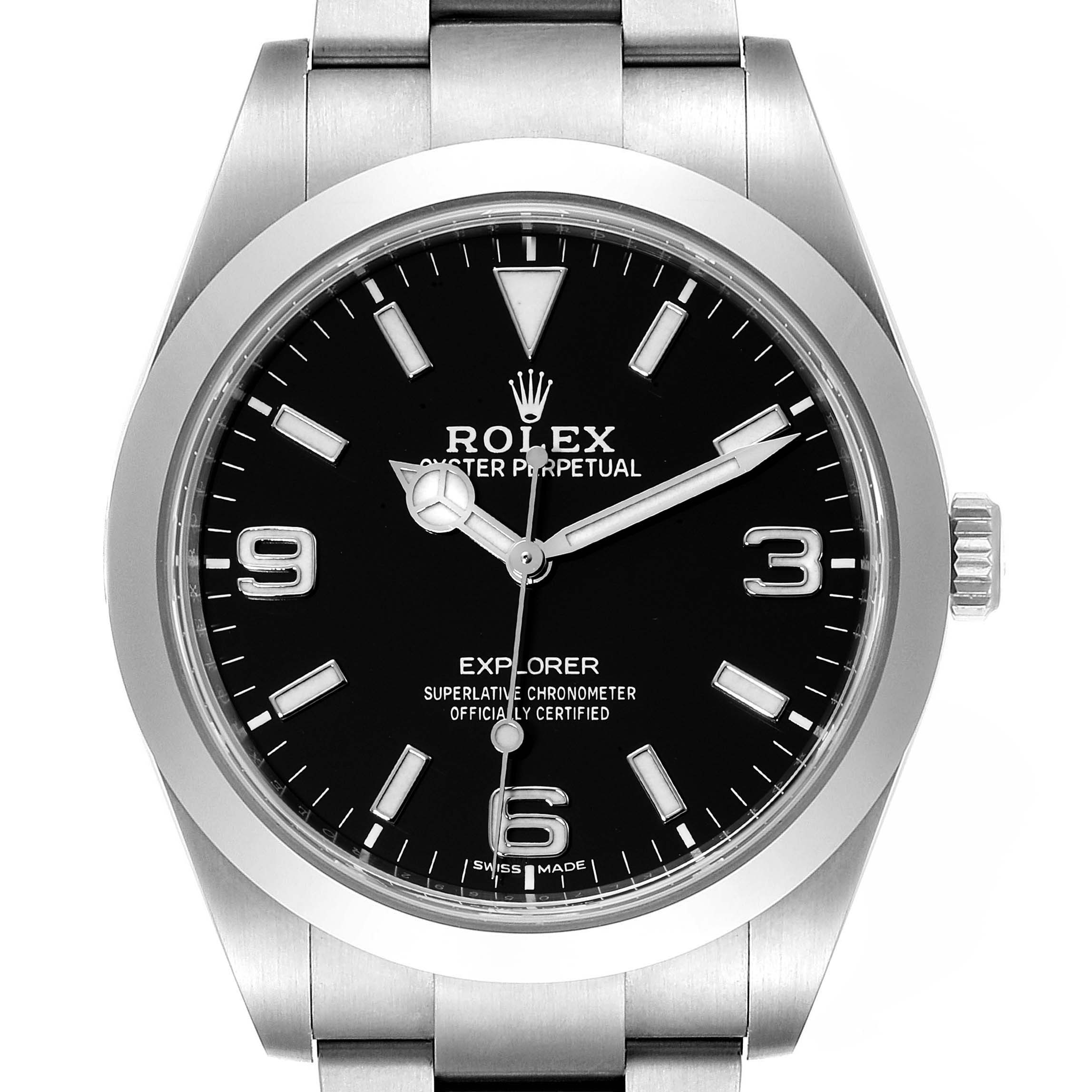 The image shows a front view of a Rolex Explorer 214270 Men's Stainless Steel Black Dial 214270 Men's Stainless Steel Black Dial watch, featuring a black dial, stainless steel case, and bracelet.