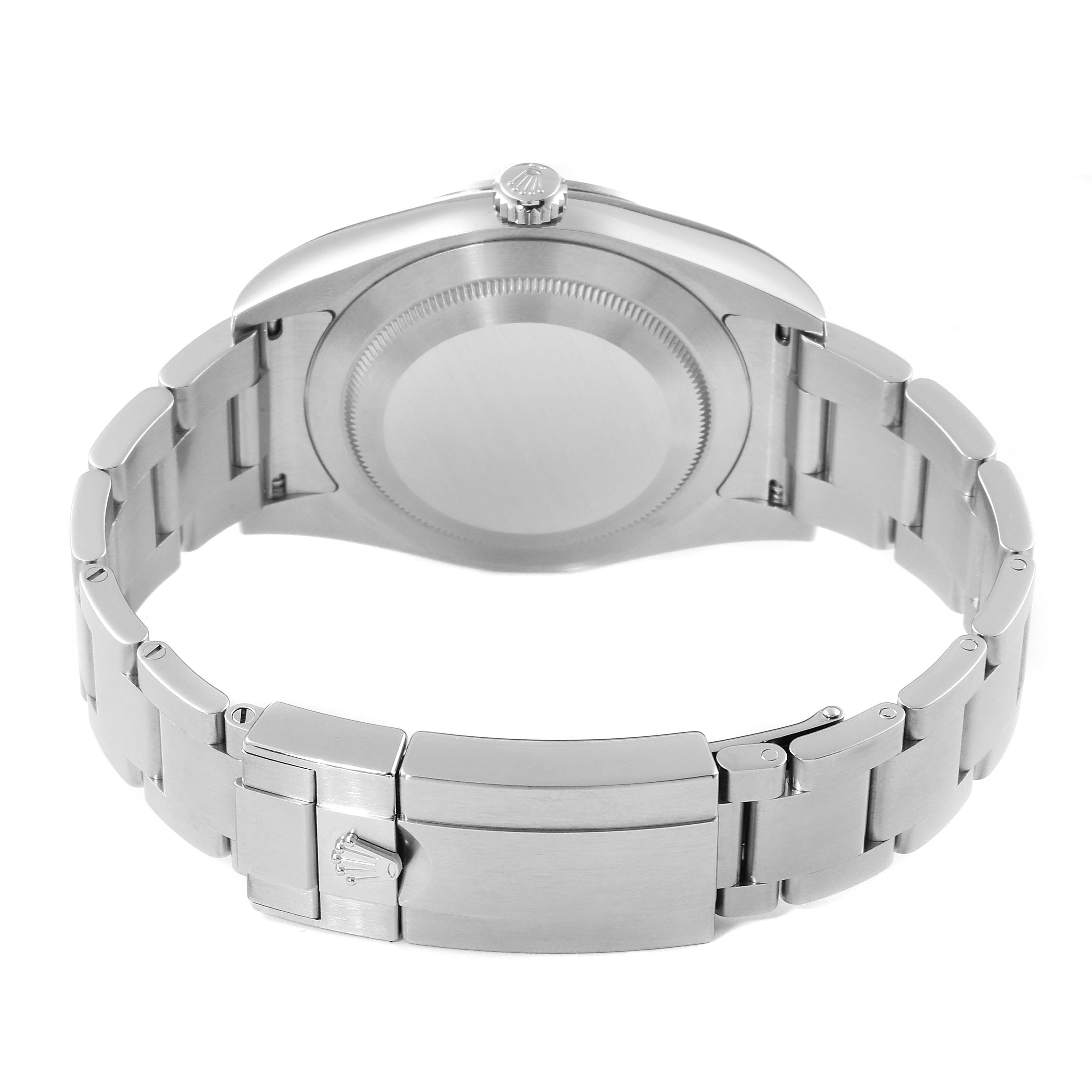 The image shows the back view of a Rolex Explorer 214270 Men's Stainless Steel Black Dial 214270 Men's Stainless Steel Black Dial watch, highlighting the case back and metal bracelet.