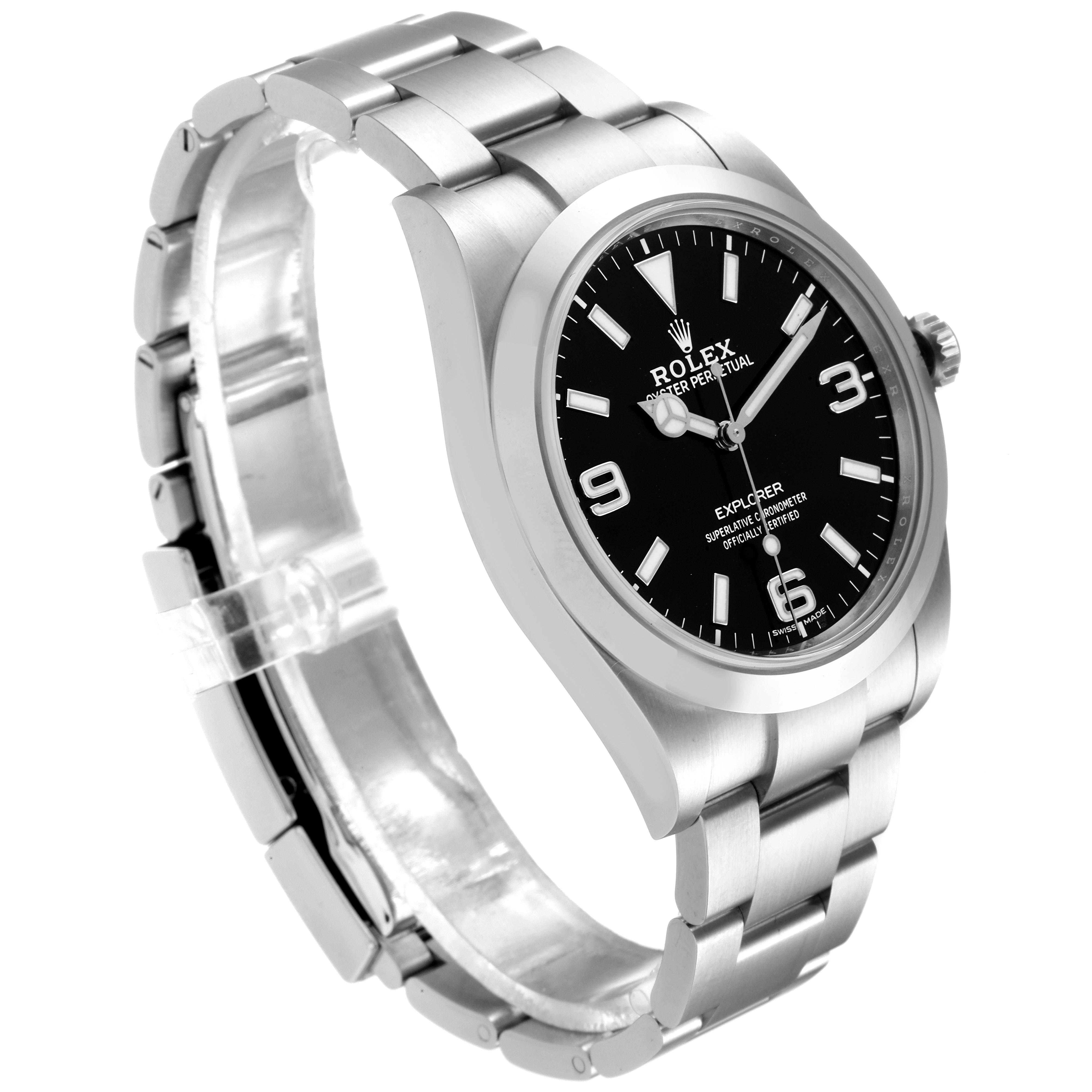 The image shows the Rolex Explorer 214270 Men's Stainless Steel Black Dial 214270 Men's Stainless Steel Black Dial watch at an angle displaying the full bracelet, case, bezel, and dial.