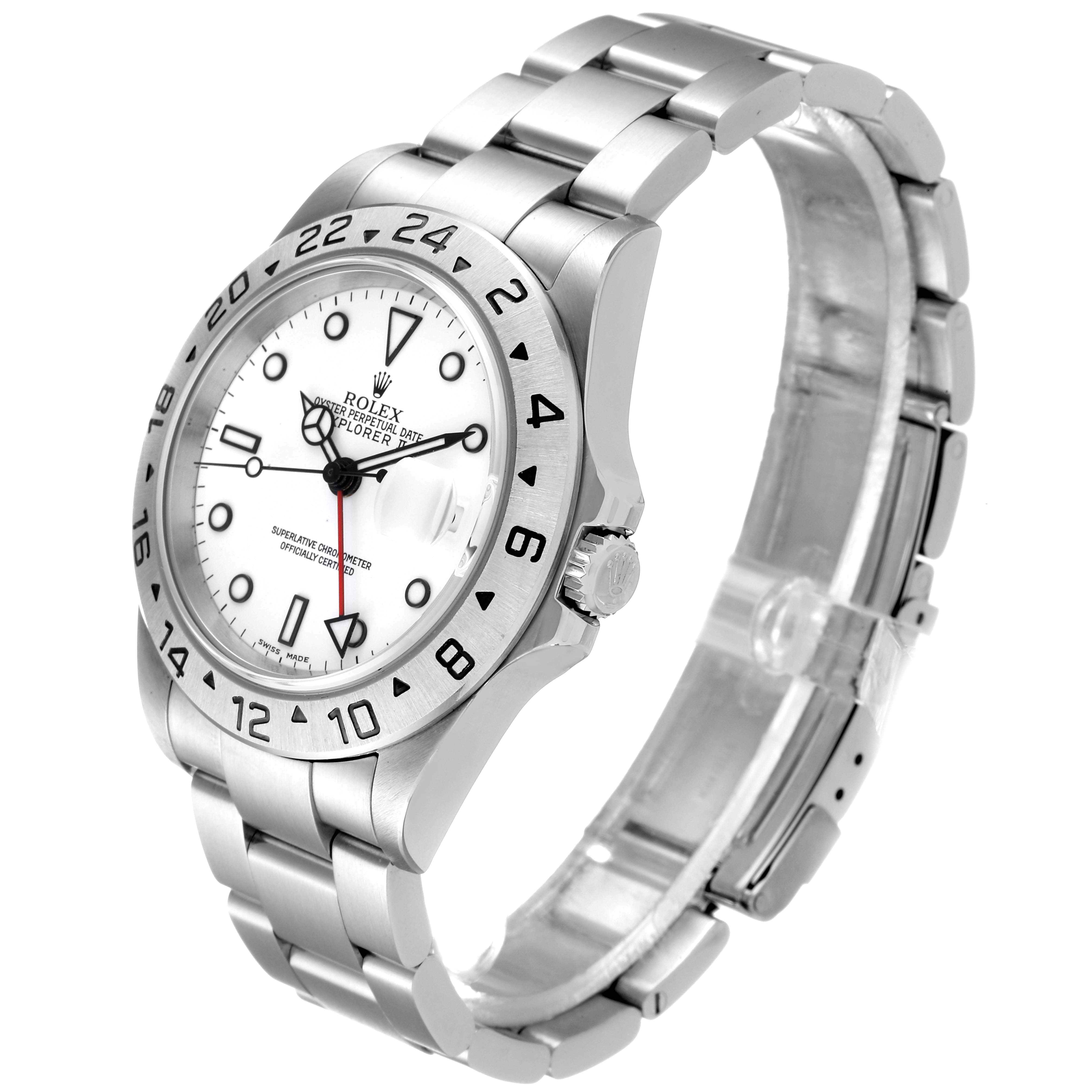 The Rolex Explorer 16570 Men's Stainless Steel White Dial 16570 Men's Stainless Steel White Dial watch is shown at a three-quarter angle, highlighting the face, bezel, crown, and bracelet.