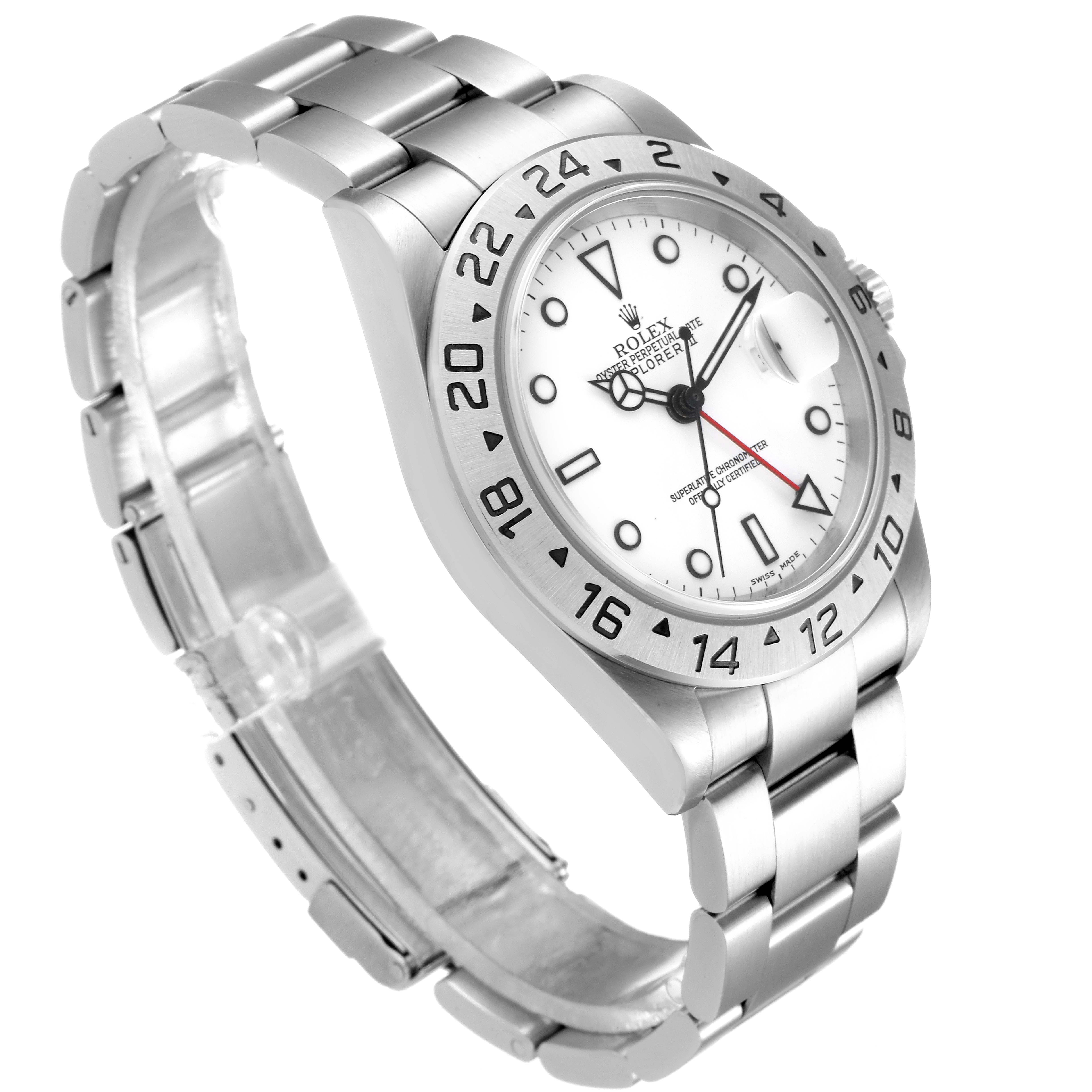 The image shows a side angle of a Rolex Explorer 16570 Men's Stainless Steel White Dial 16570 Men's Stainless Steel White Dial watch, highlighting its face, bezel, and bracelet.