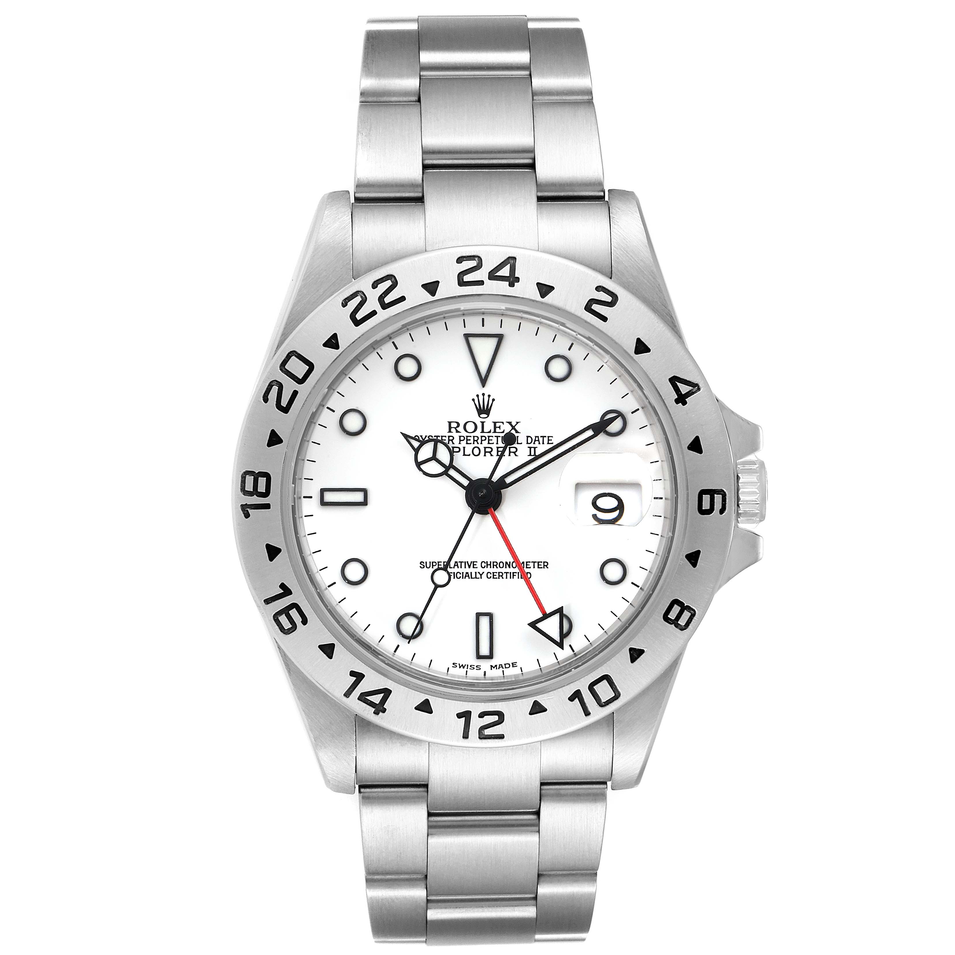 This image shows a front view of a Rolex Explorer 16570 Men's Stainless Steel White Dial 16570 Men's Stainless Steel White Dial watch, highlighting the dial, bezel, and stainless steel bracelet.