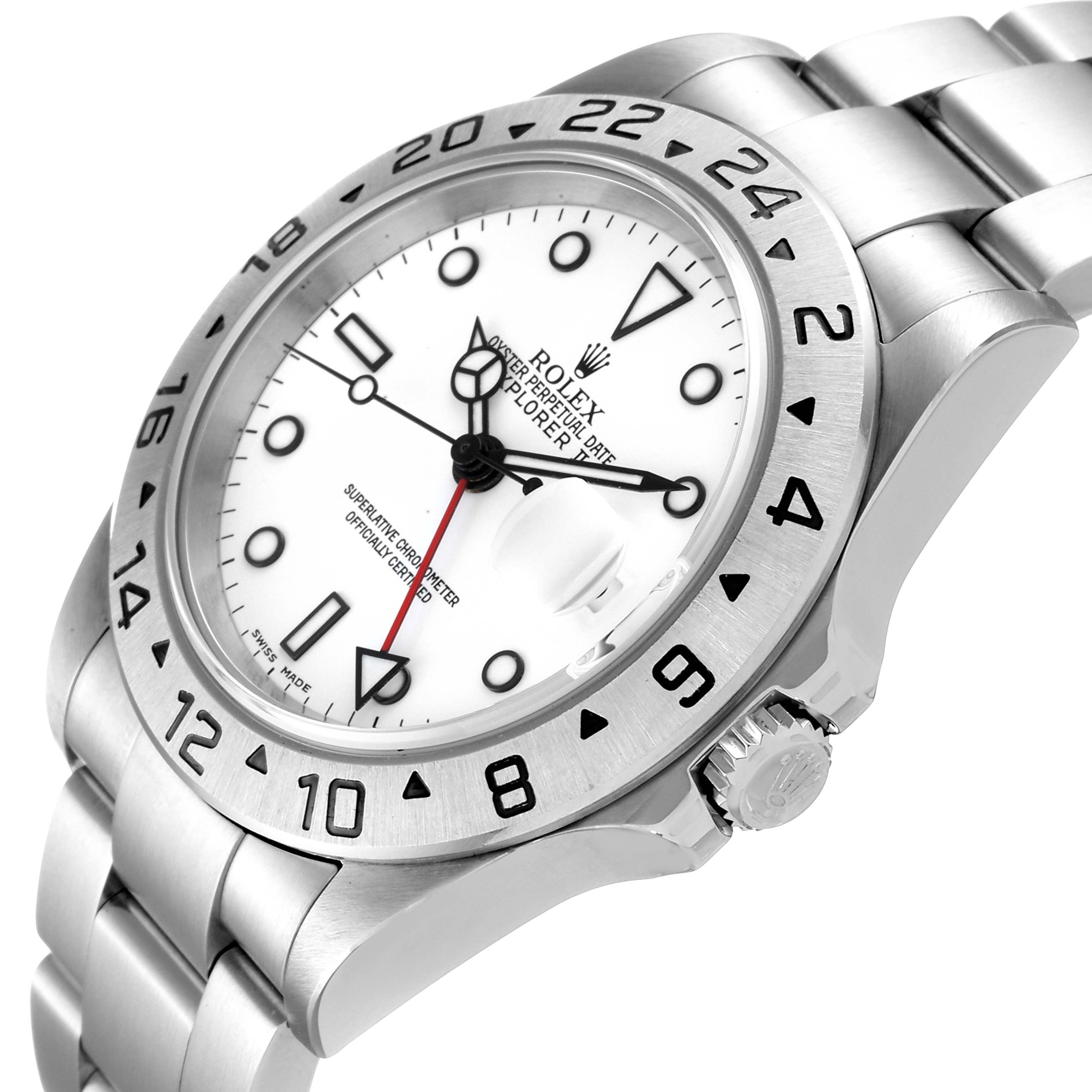 This image shows a side angle of a Rolex Explorer 16570 Men's Stainless Steel White Dial 16570 Men's Stainless Steel White Dial watch, highlighting its bezel, crown, bracelet, and white dial.