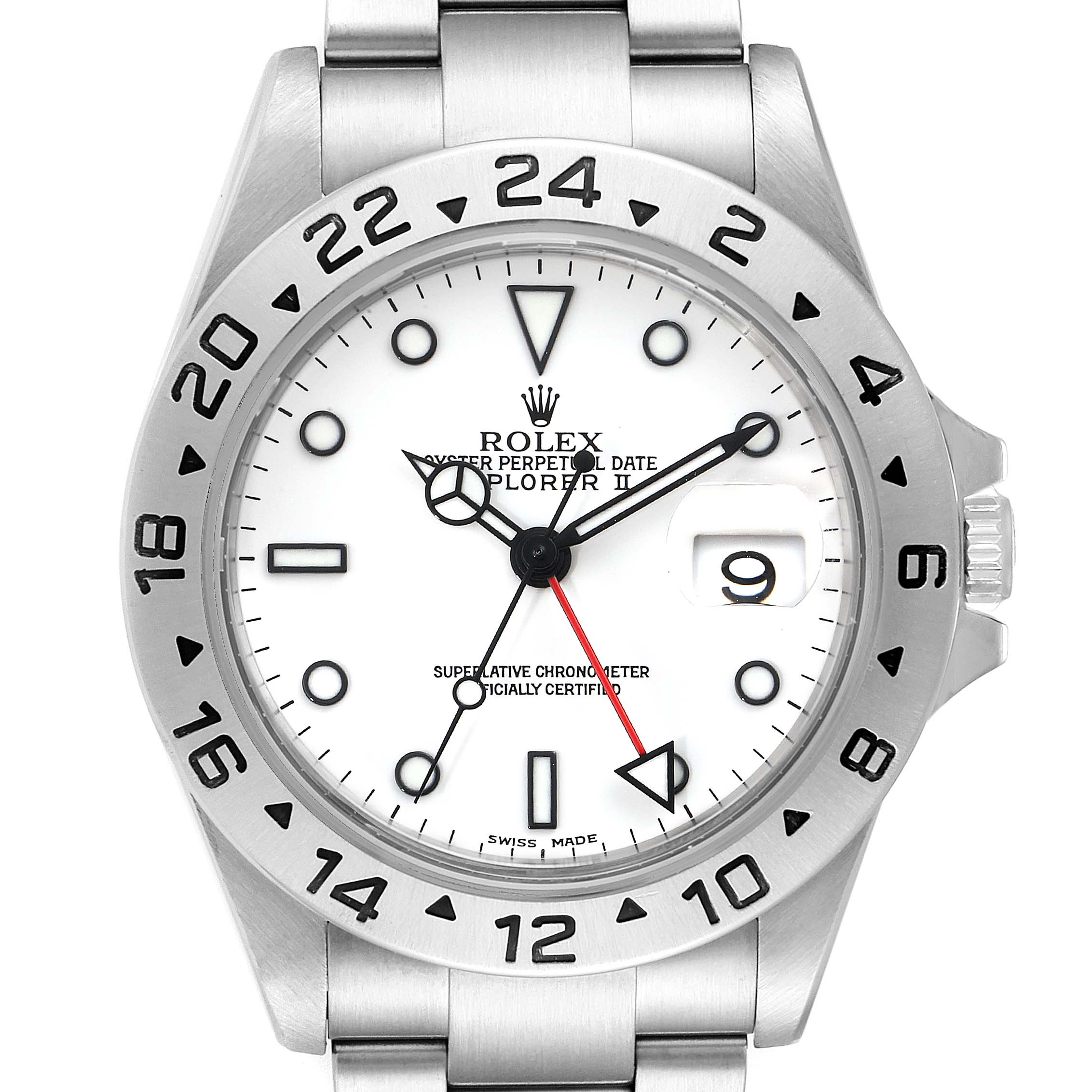 The image shows a Rolex Explorer 16570 Men's Stainless Steel White Dial 16570 Men's Stainless Steel White Dial watch with a white dial, visible bezel, and bracelet from a frontal angle.