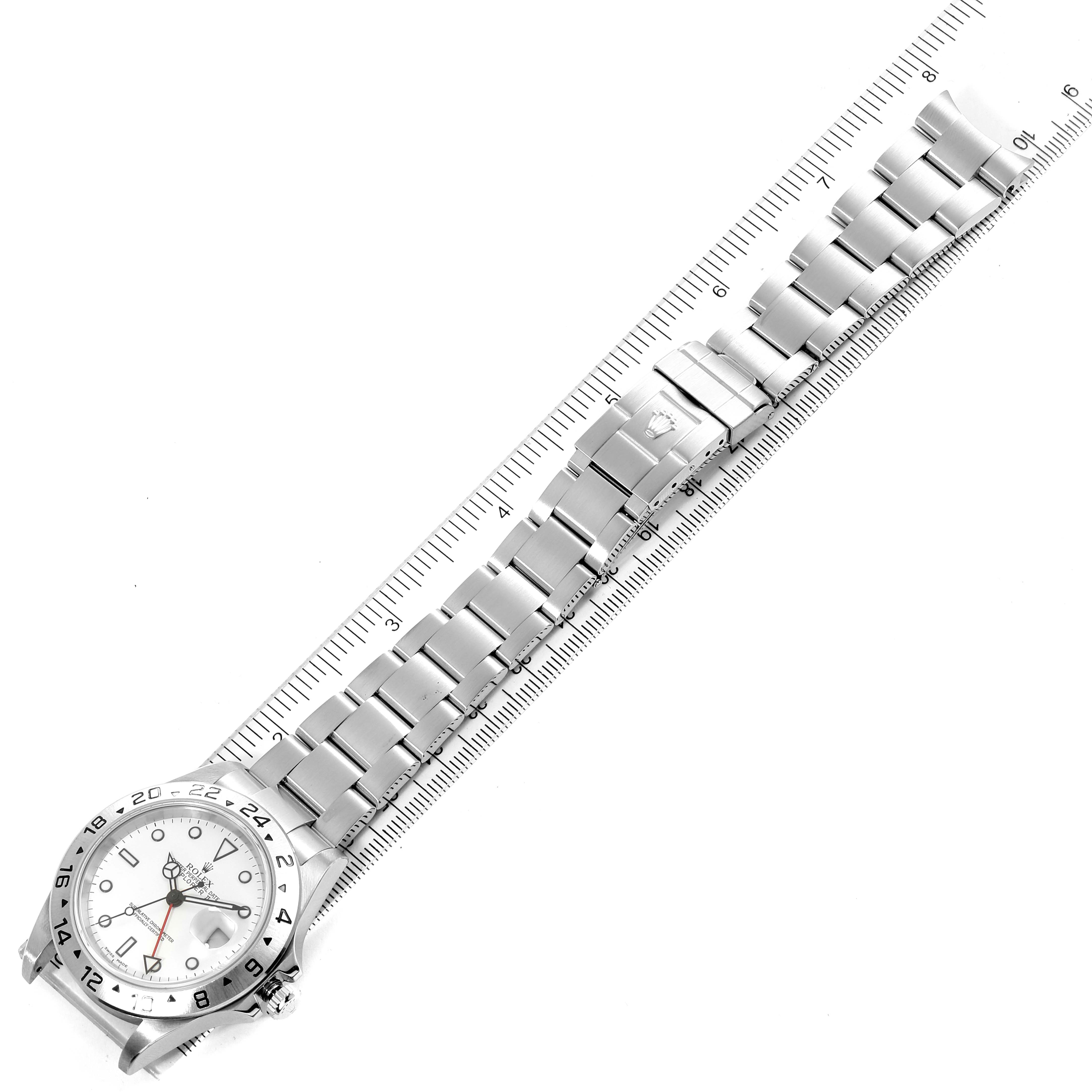 The image shows a top-down view of a Rolex Explorer 16570 Men's Stainless Steel White Dial 16570 Men's Stainless Steel White Dial watch with its full bracelet extended.