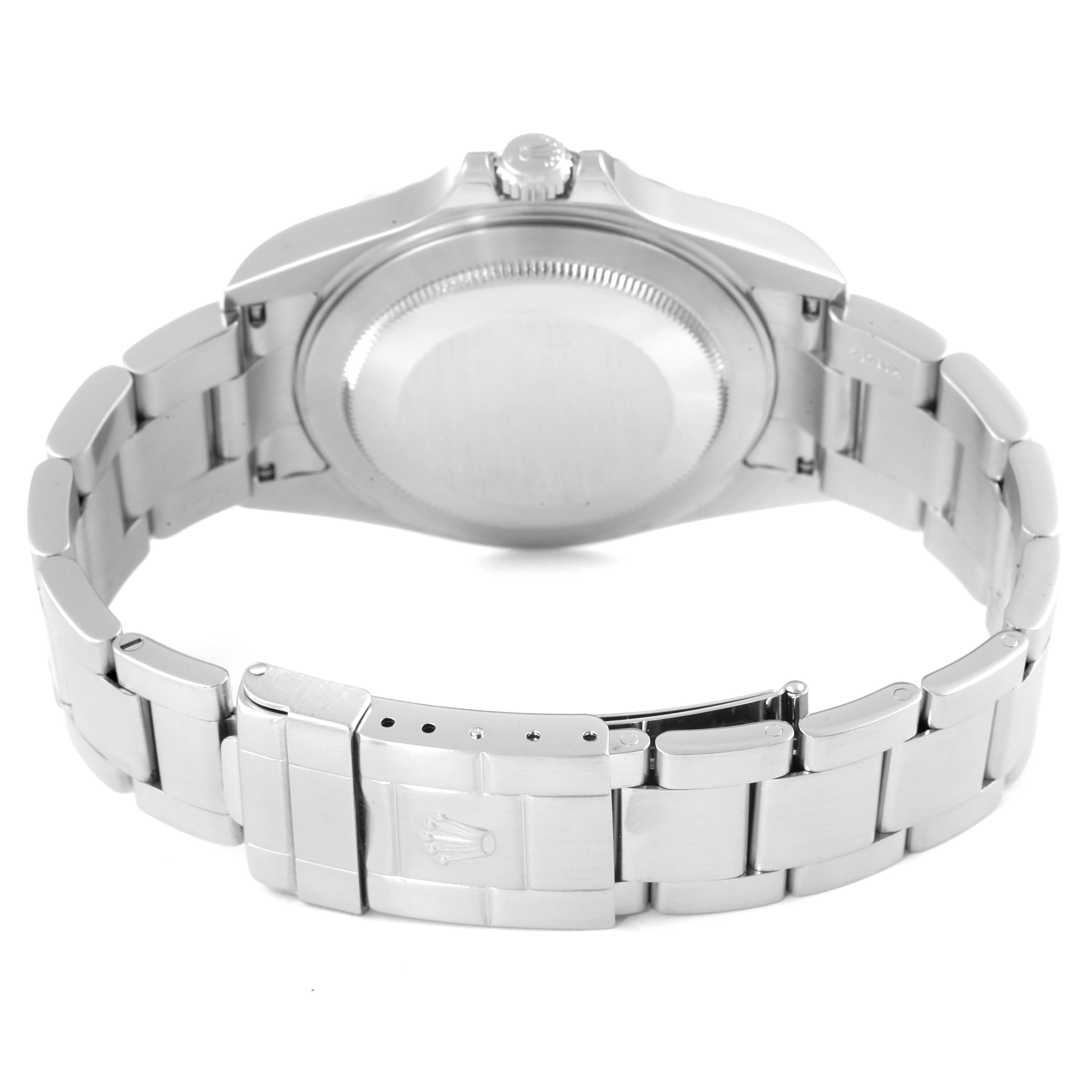 This image shows the back view of a Rolex Explorer 16570 Men's Stainless Steel White Dial 16570 Men's Stainless Steel White Dial watch, highlighting its case back, bracelet, and clasp.