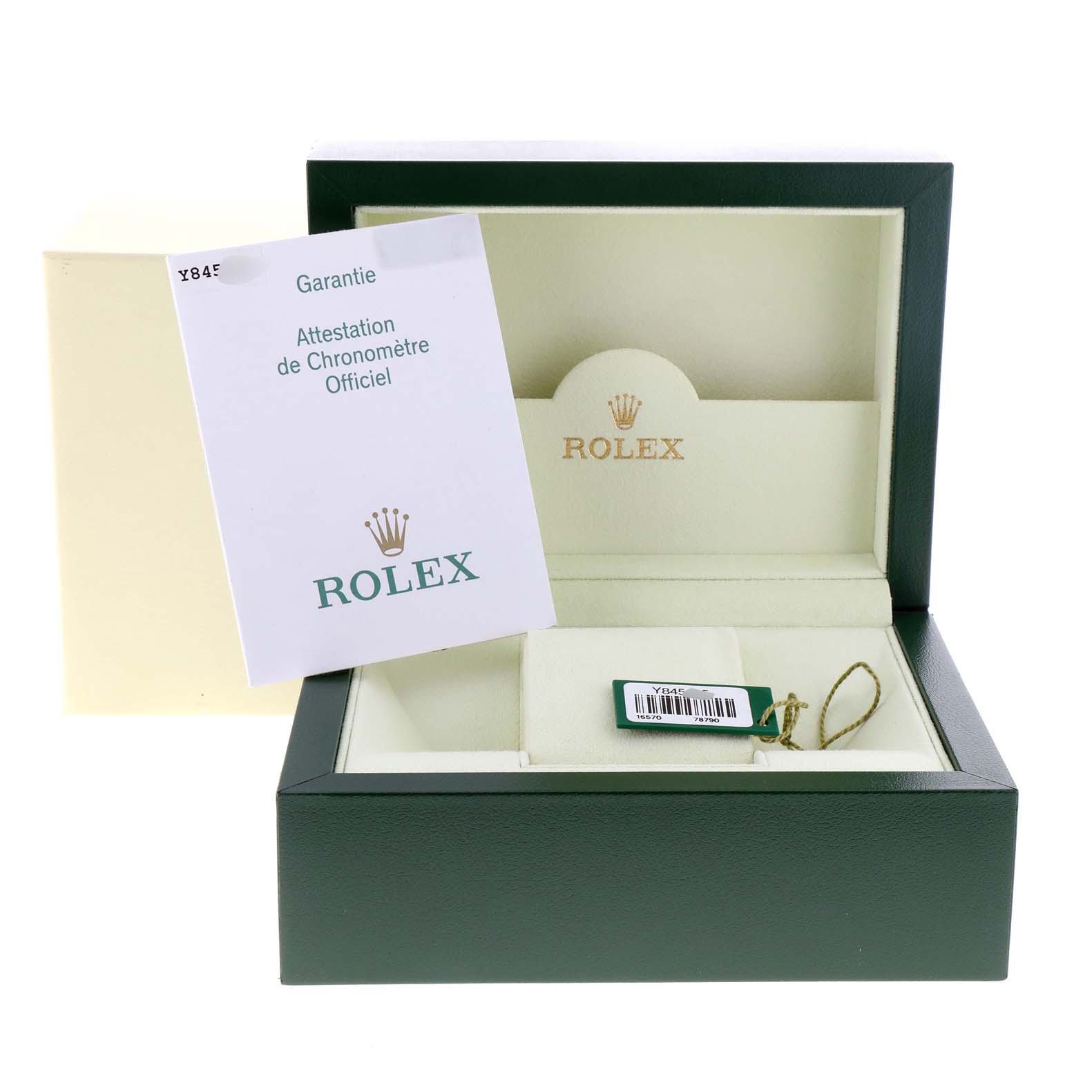 The image shows the open packaging box, tag, and warranty card for the Rolex Explorer 16570 Men's Stainless Steel White Dial 16570 Men's Stainless Steel White Dial model.