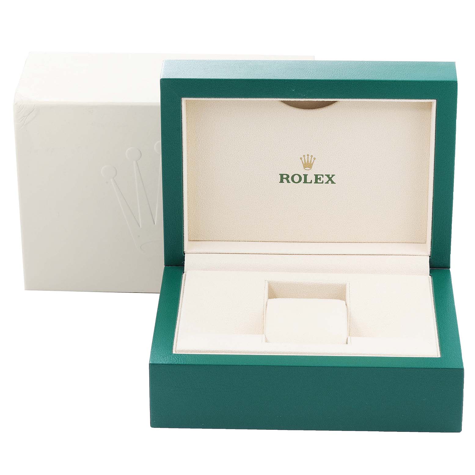 The image shows the open box for a Rolex Explorer 216570 Men
s Stainless Steel Black Dial 216570 Men
s Stainless Steel Black Dial model, displaying its interior with the Rolex logo.