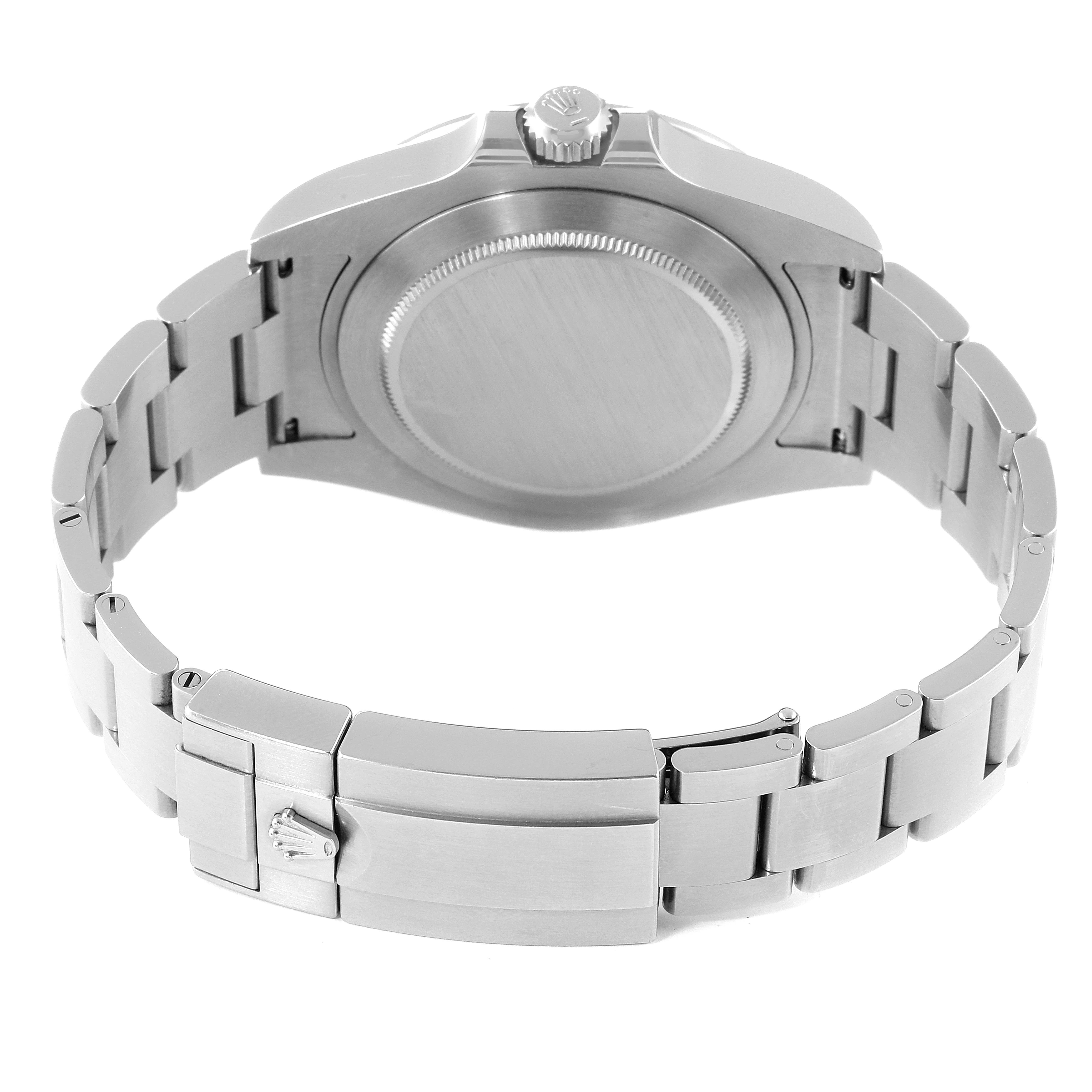 The image shows the back view of a Rolex Explorer 216570 Men
s Stainless Steel Black Dial 216570 Men
s Stainless Steel Black Dial watch, including the case back, crown, and bracelet.