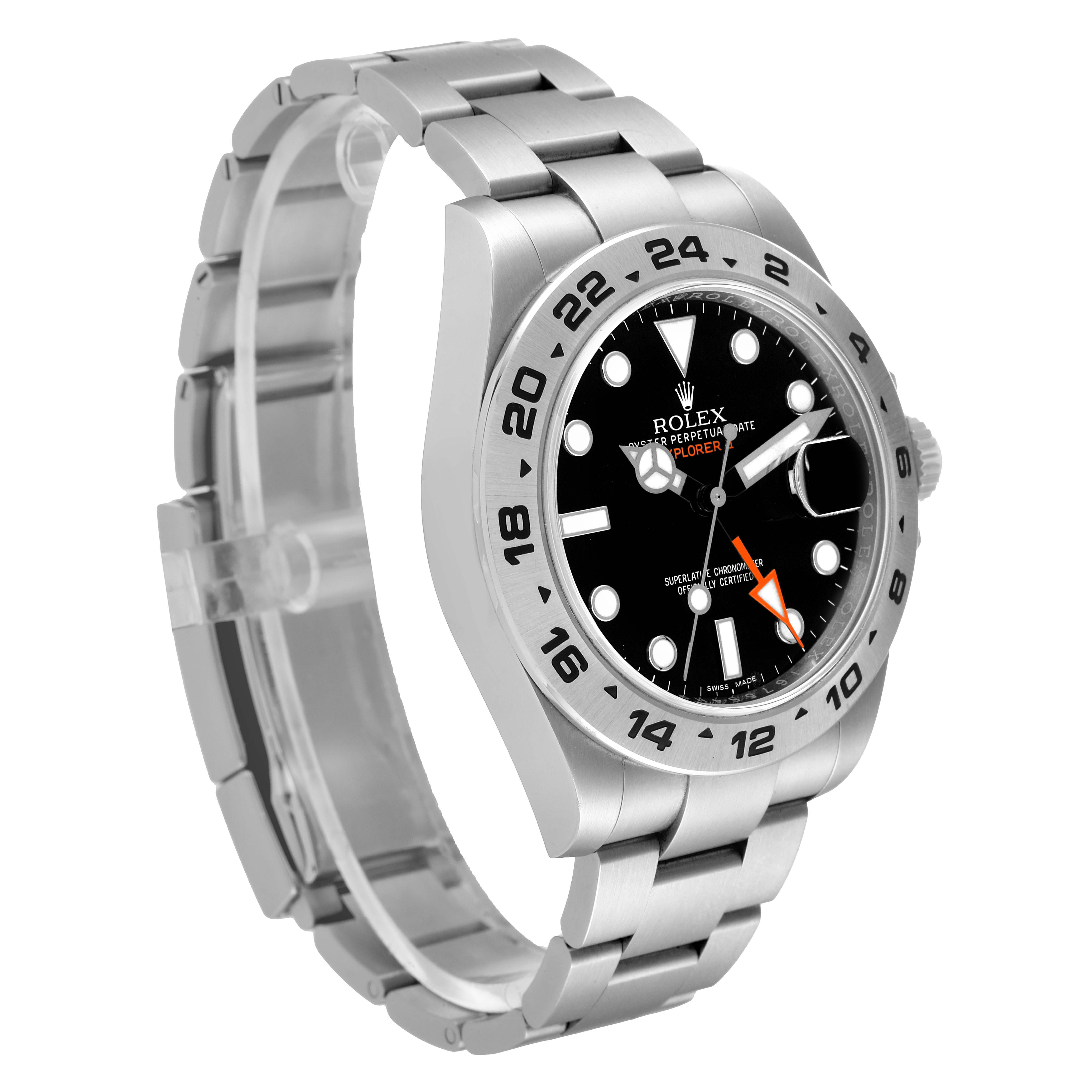 The image shows a three-quarter angled view of a Rolex Explorer 216570 Men
s Stainless Steel Black Dial 216570 Men
s Stainless Steel Black Dial watch, highlighting the dial, bezel, and stainless steel bracelet.