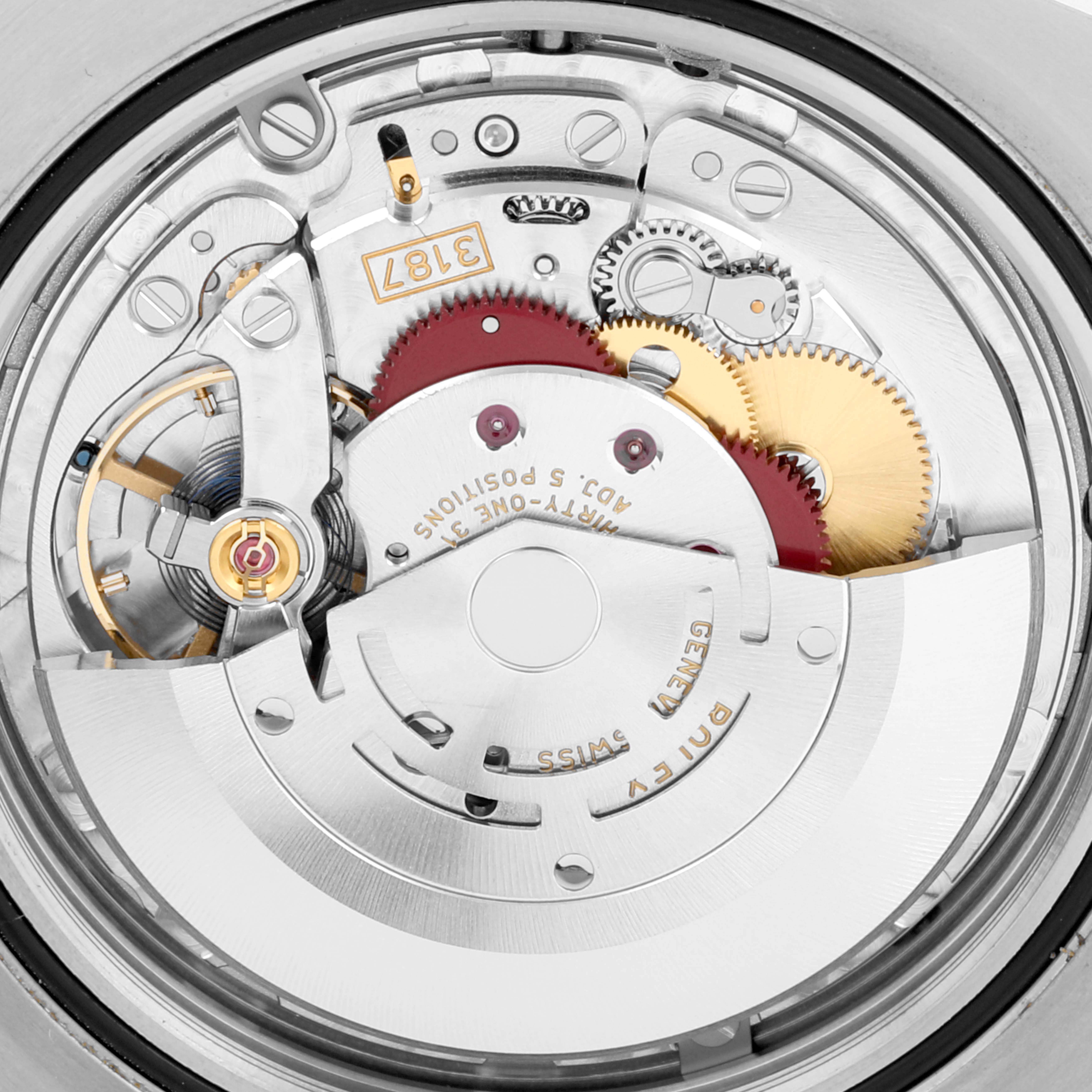 This image shows a close-up view of the internal movement and gears of the Rolex Explorer 216570 Men
s Stainless Steel Black Dial 216570 Men
s Stainless Steel Black Dial watch.