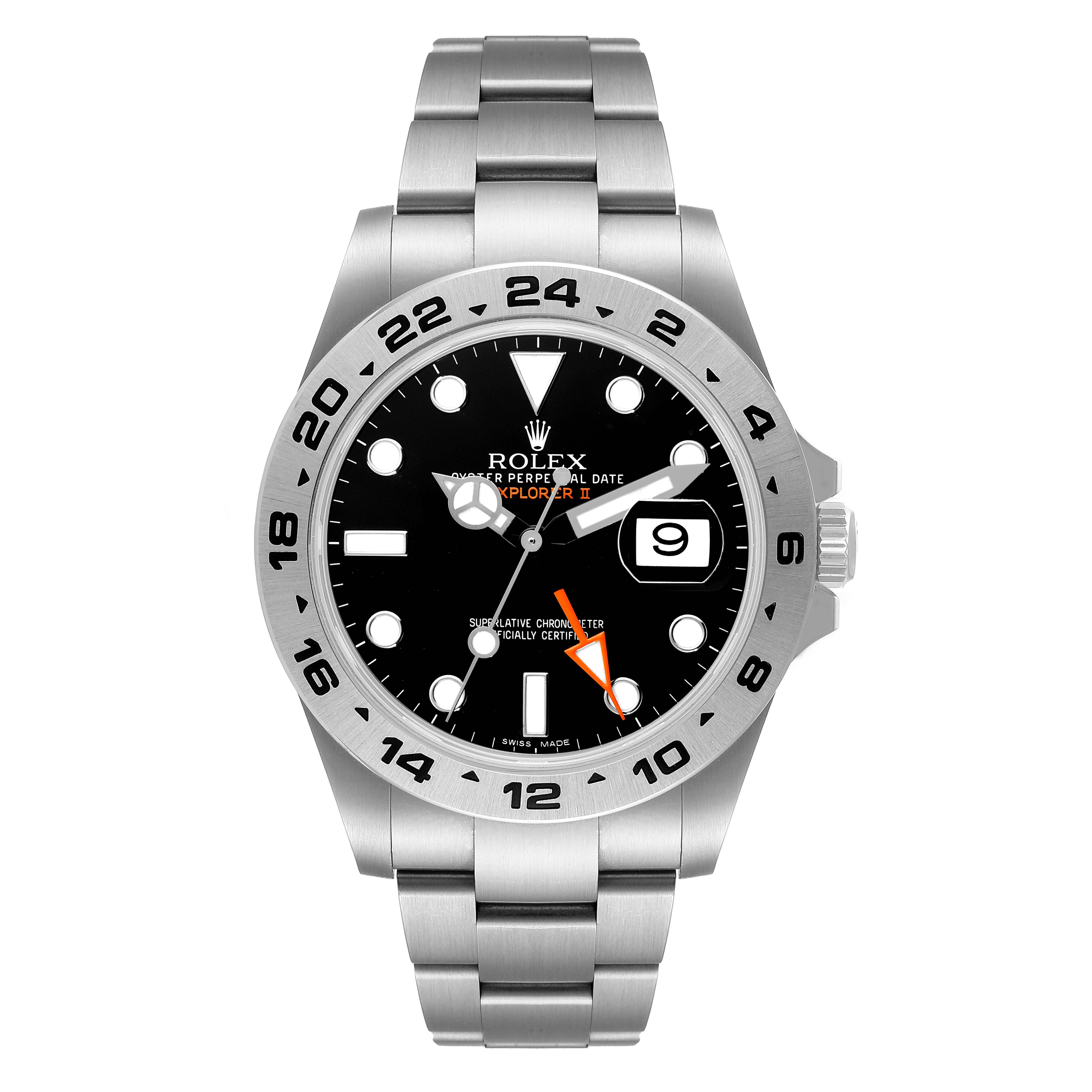 The image shows a front view of the Rolex Explorer 216570 Men
s Stainless Steel Black Dial 216570 Men
s Stainless Steel Black Dial II, displaying its face, bezel, bracelet, and crown.