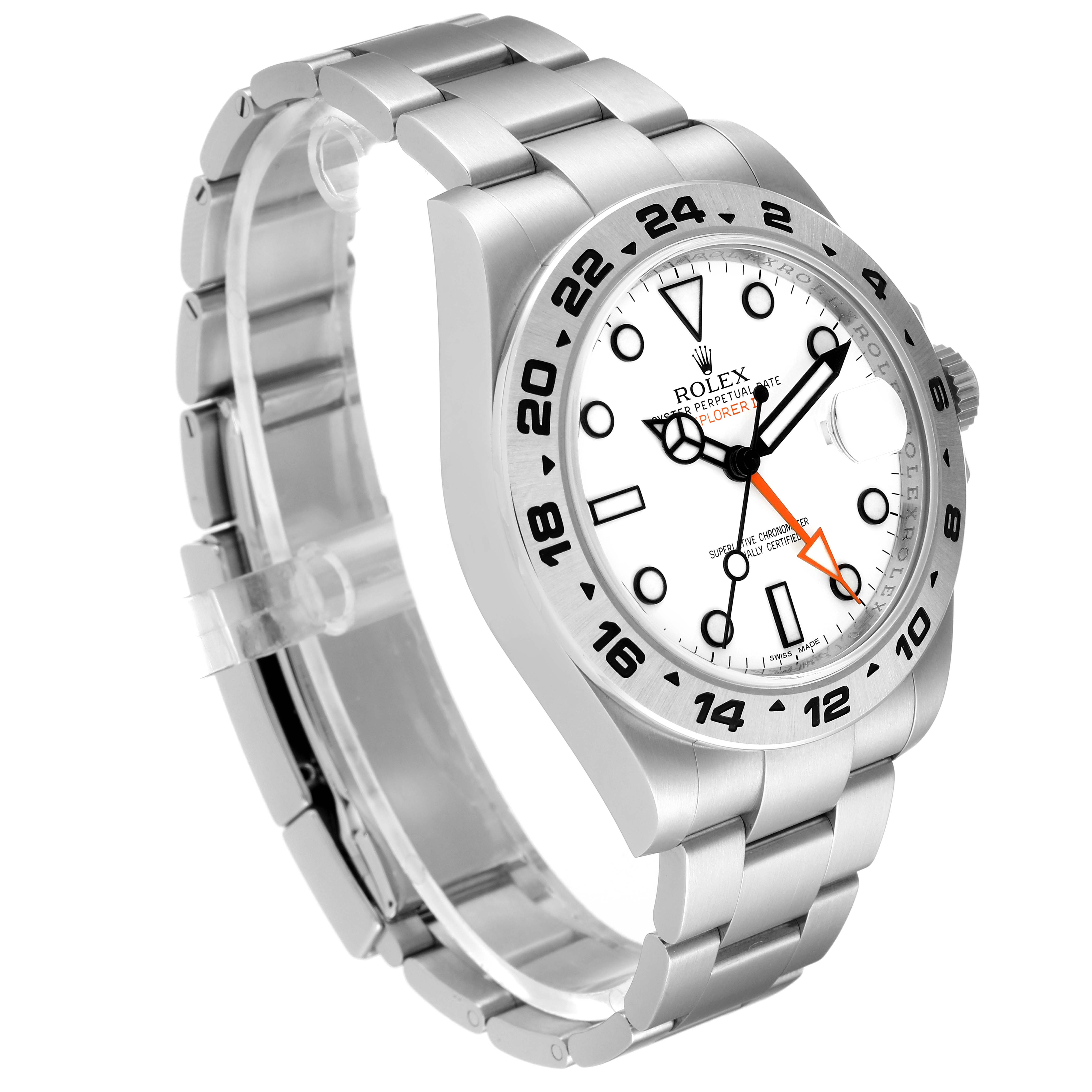 This image shows a Rolex Explorer 216570 Men
s Stainless Steel White Dial 216570 Men
s Stainless Steel White Dial model watch from a three-quarter side angle, displaying the dial, bezel, and bracelet.