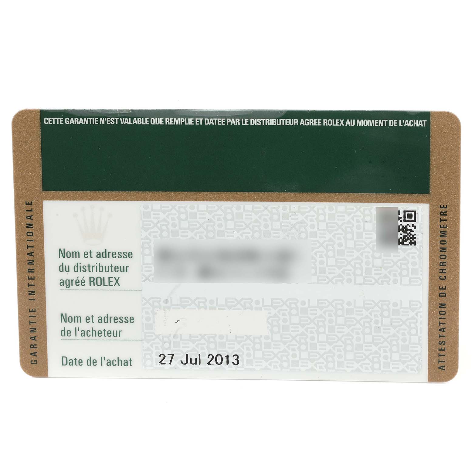 This image shows a Rolex Explorer 216570 Men
s Stainless Steel White Dial 216570 Men
s Stainless Steel White Dial model warranty card, viewed from the top.