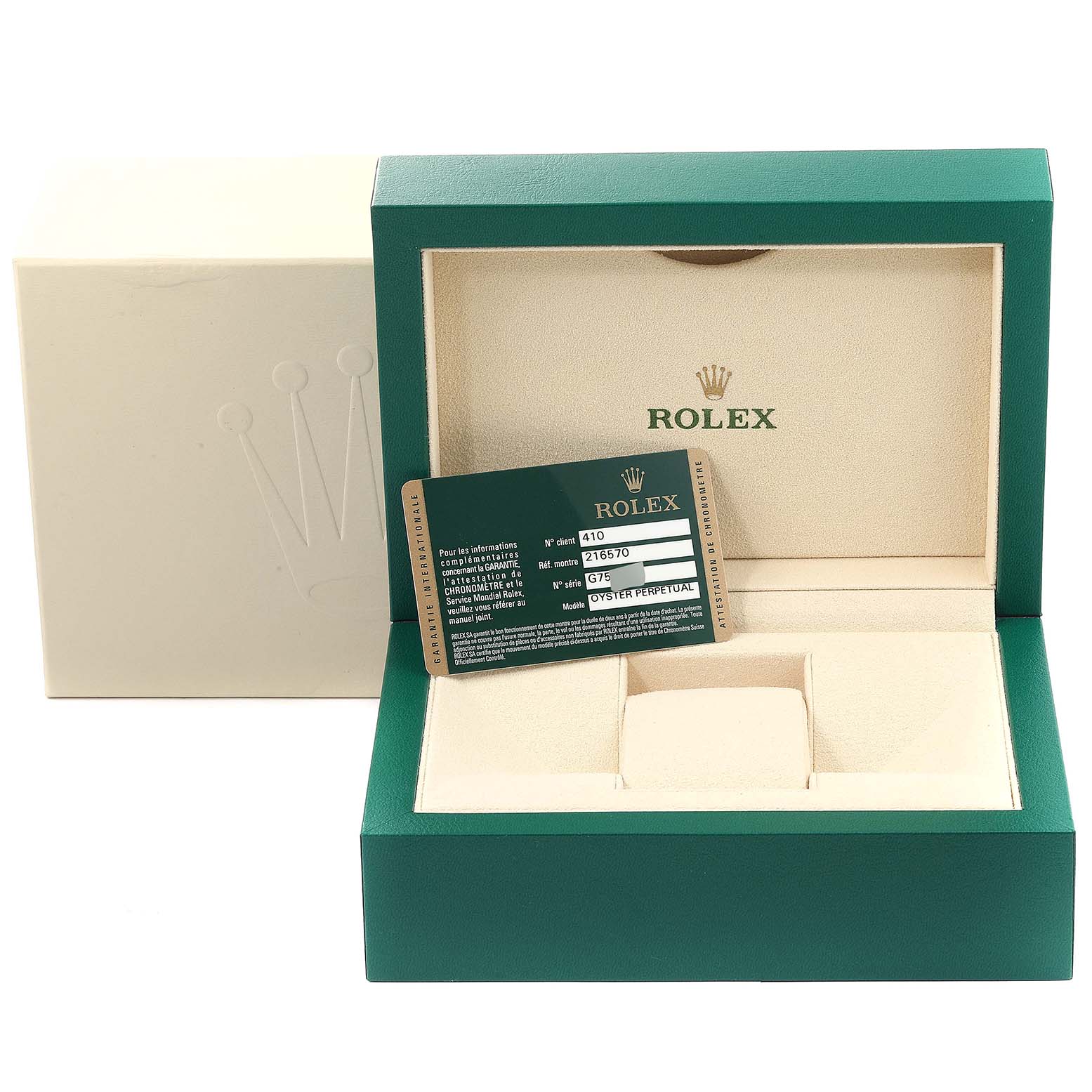 The image shows the box and warranty card for a Rolex Explorer 216570 Men
s Stainless Steel White Dial 216570 Men
s Stainless Steel White Dial model, angled slightly from above.