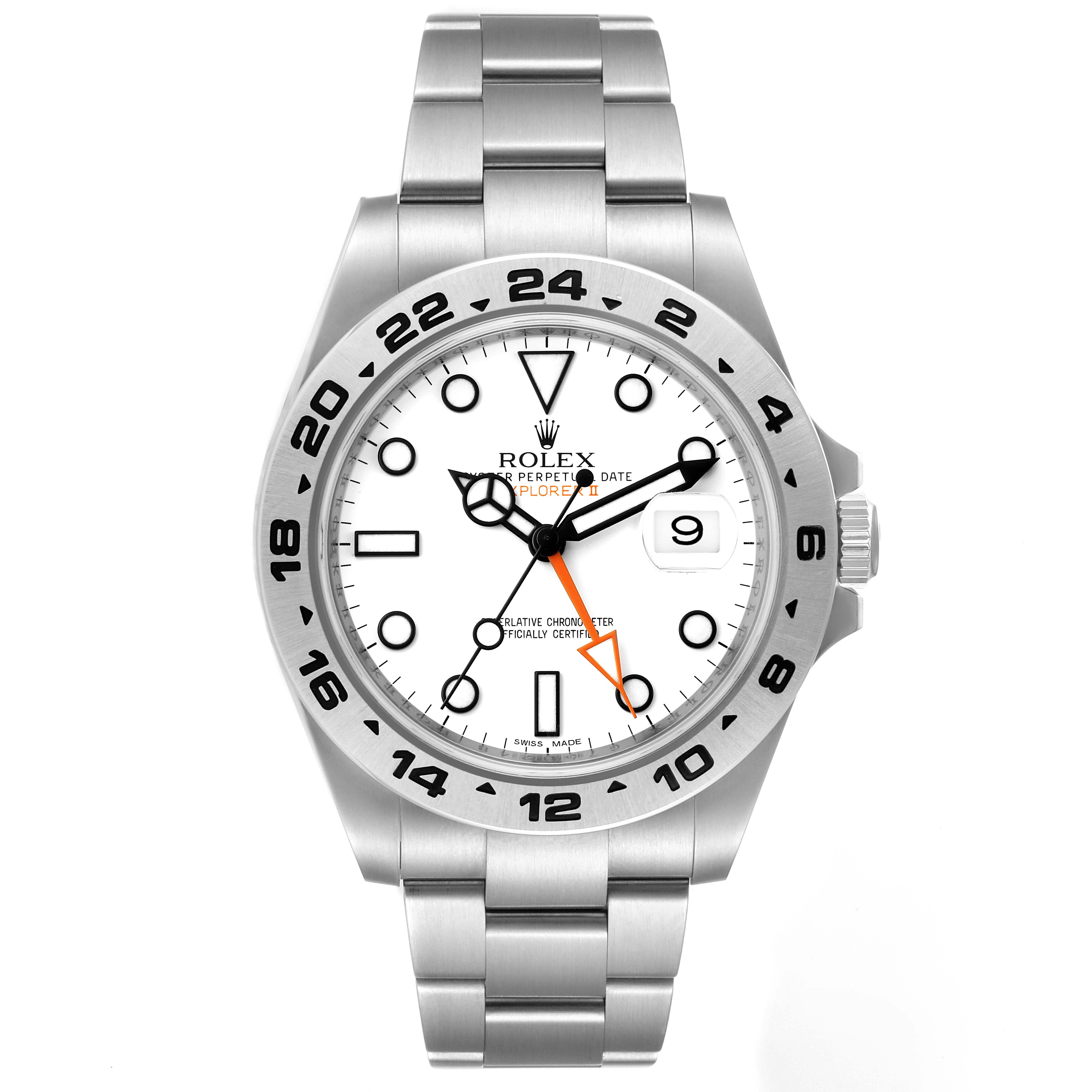 The image shows a front view of a Rolex Explorer 216570 Men
s Stainless Steel White Dial 216570 Men
s Stainless Steel White Dial watch, highlighting its white dial, date window, and stainless steel bracelet.