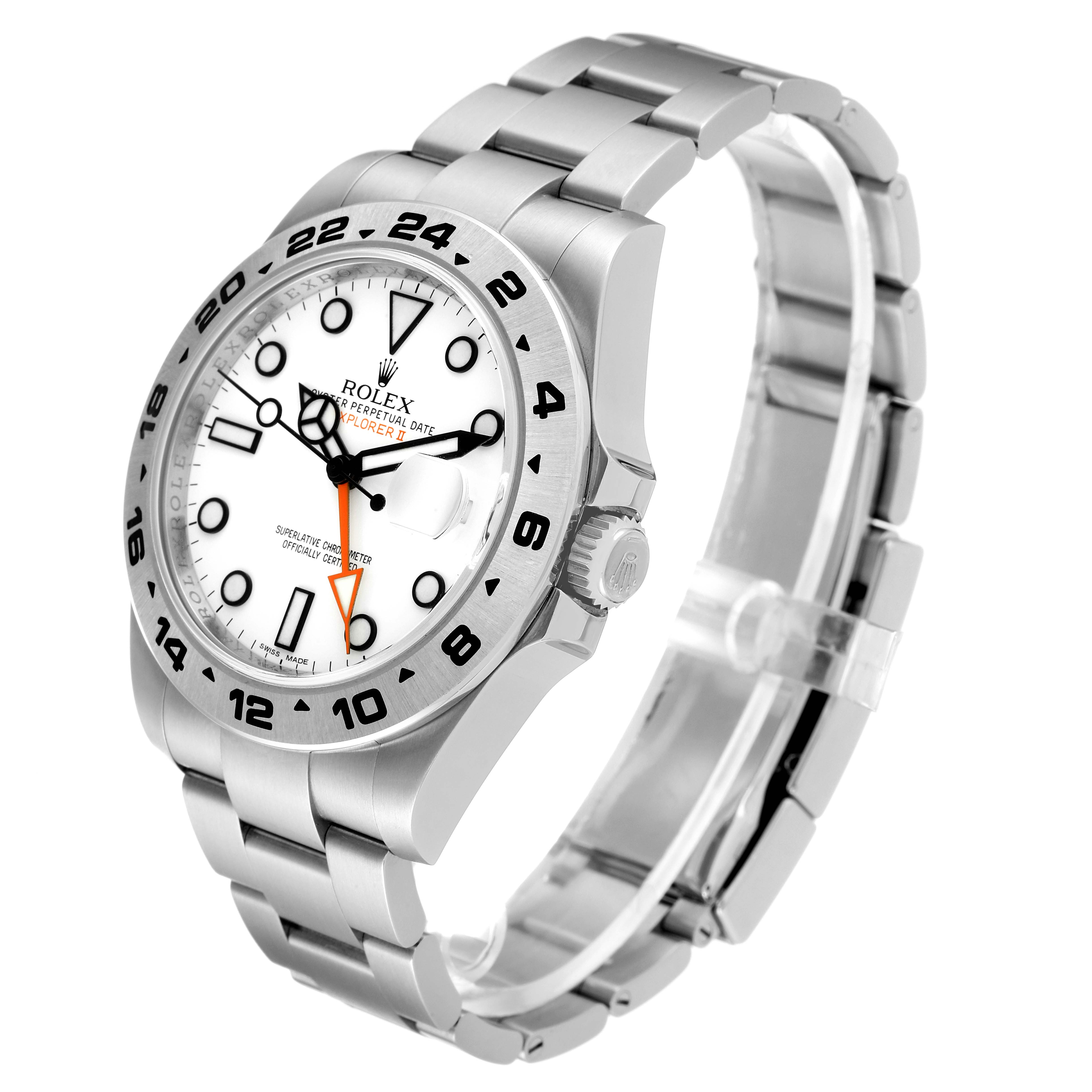 The Rolex Explorer 216570 Men
s Stainless Steel White Dial 216570 Men
s Stainless Steel White Dial watch is shown at an angled side view, highlighting the dial, bezel, crown, and bracelet.