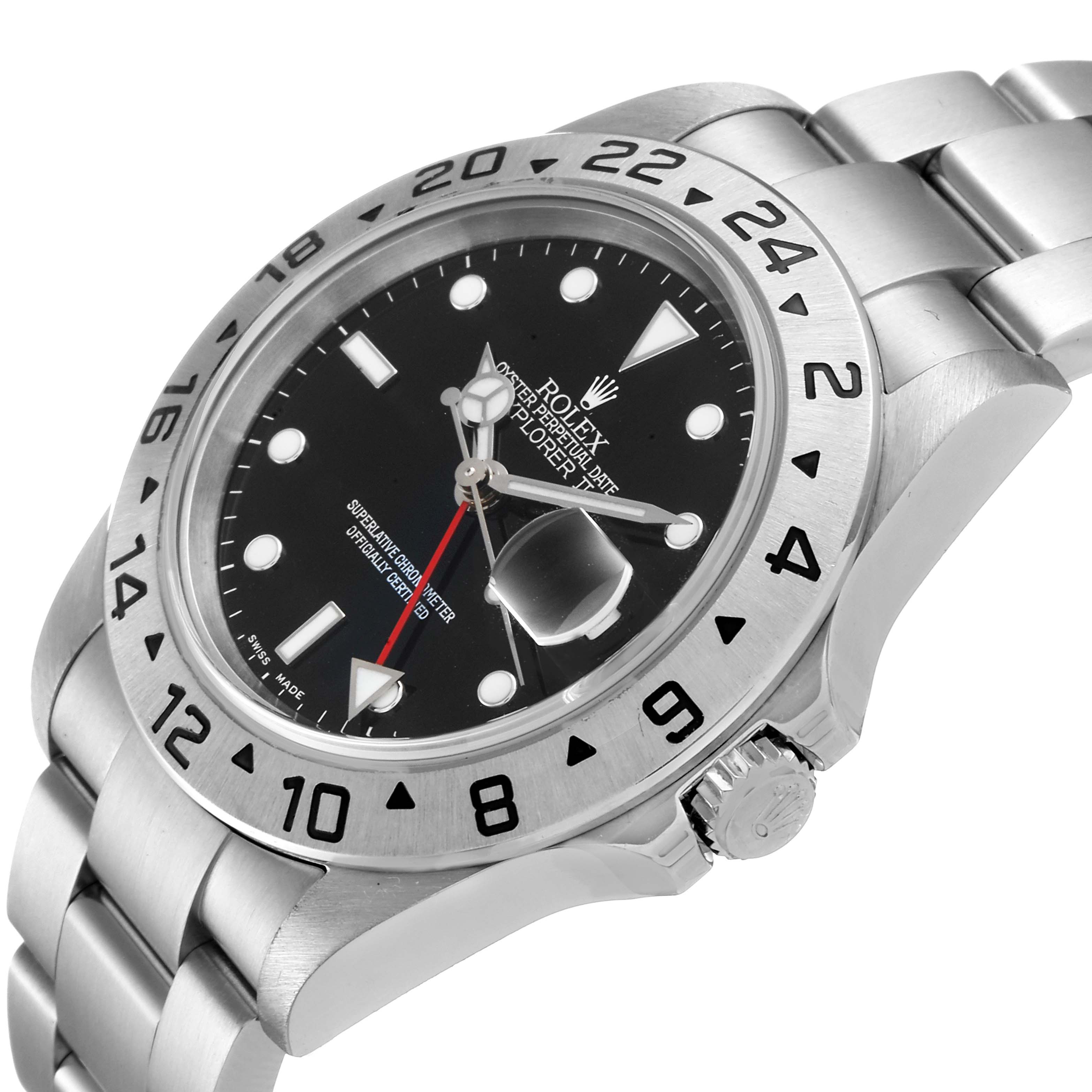 The image shows a side and angled view of the Rolex Explorer 16570 Men
s Stainless Steel Black Dial 16570 Men
s Stainless Steel Black Dial watch, featuring its bezel, dial, crown, and bracelet.
