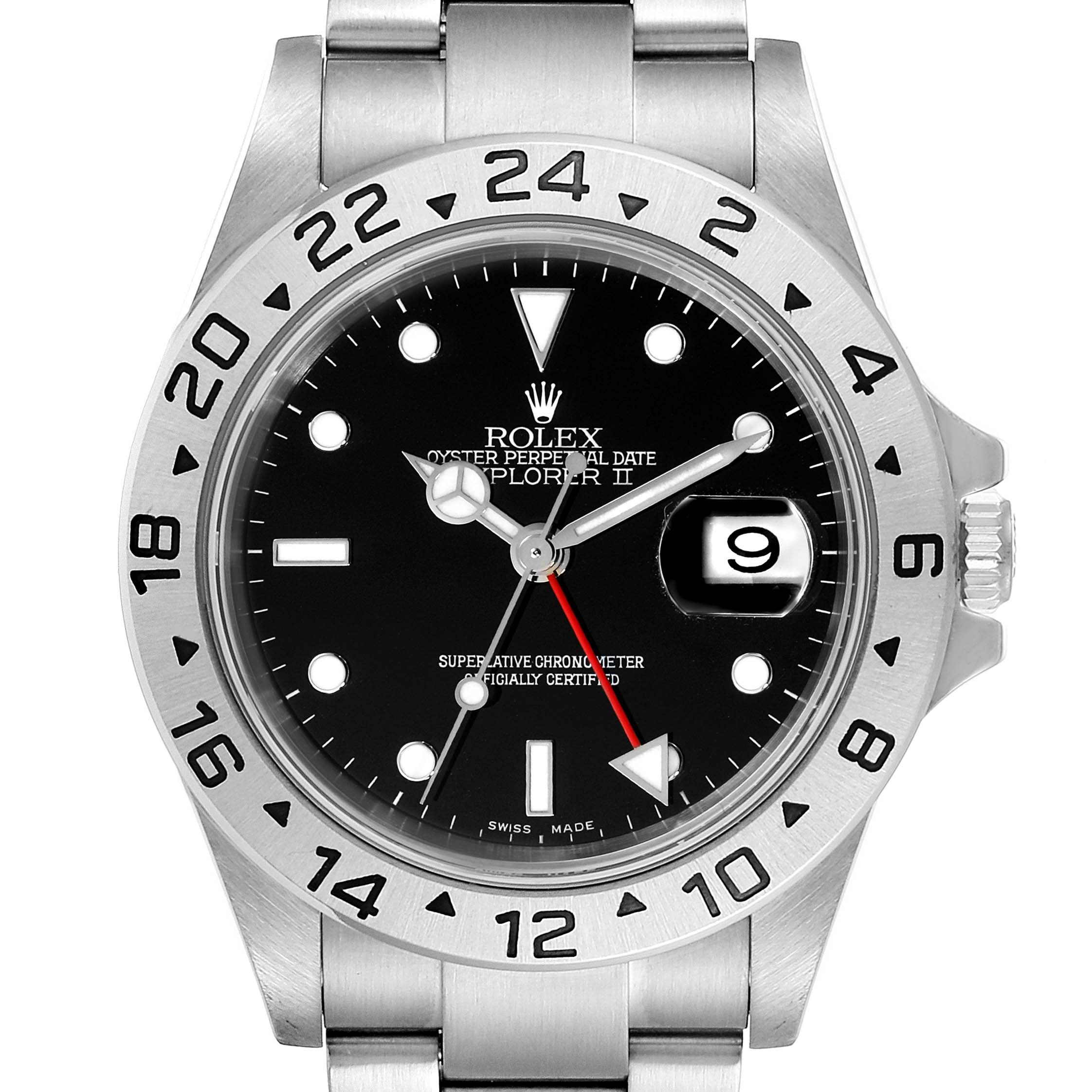 The image shows a Rolex Explorer 16570 Men
s Stainless Steel Black Dial 16570 Men
s Stainless Steel Black Dial watch from a front angle, highlighting the dial, bezel, hands, date window, and bracelet.