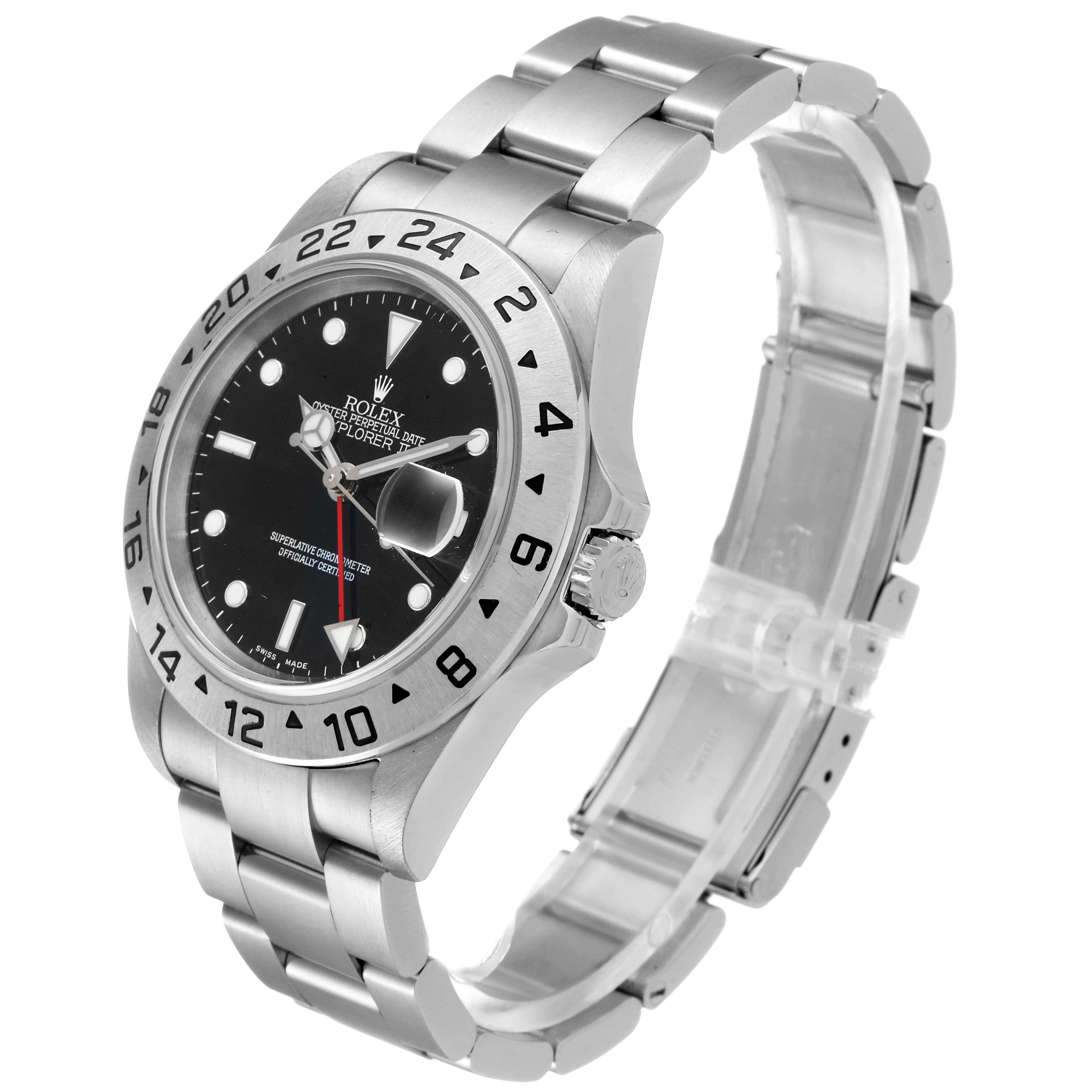 The Rolex Explorer 16570 Men
s Stainless Steel Black Dial 16570 Men
s Stainless Steel Black Dial watch is shown at a front-left angle, clearly displaying its face, bezel, crown, and bracelet.
