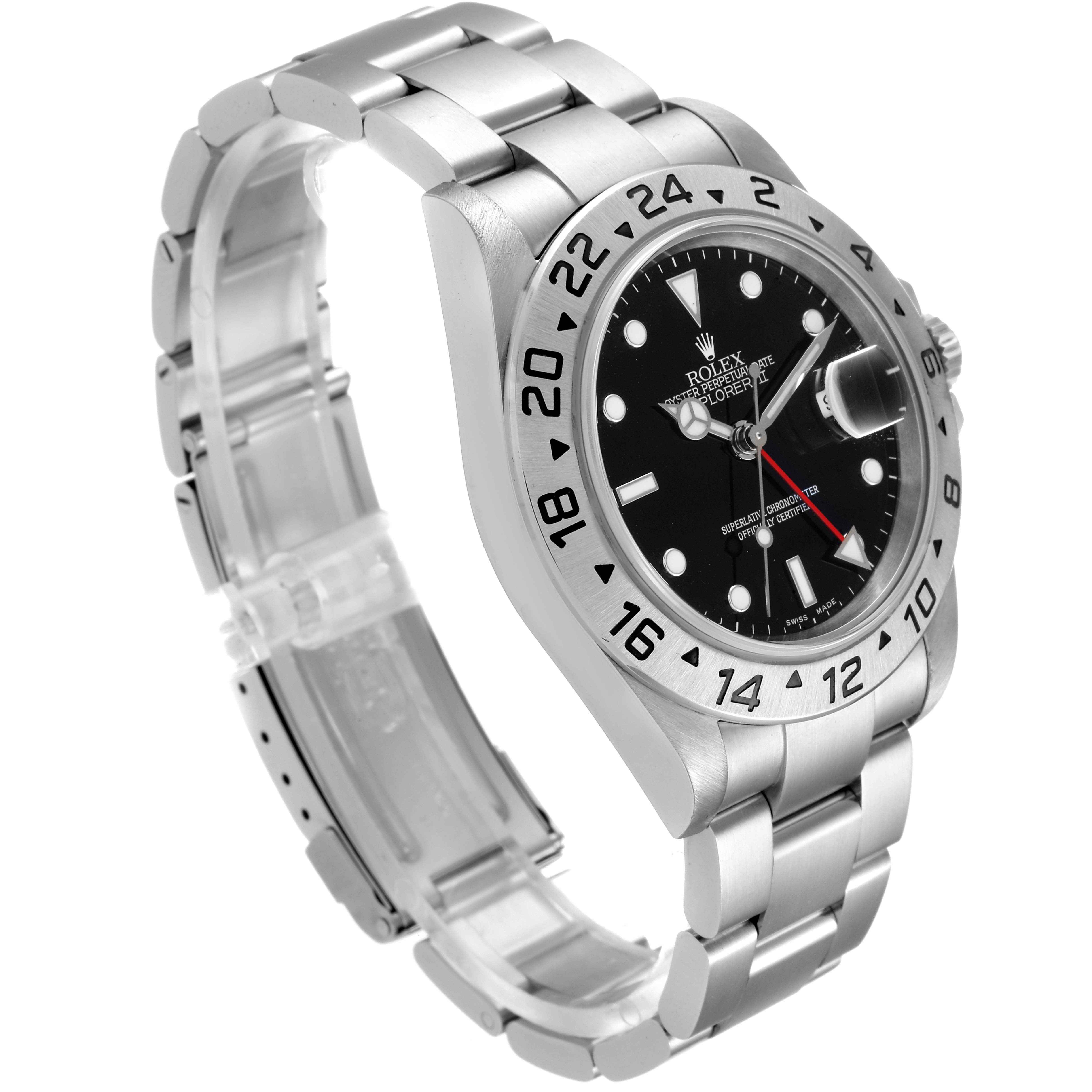 The Rolex Explorer 16570 Men
s Stainless Steel Black Dial 16570 Men
s Stainless Steel Black Dial watch is shown at a slight angle, highlighting its bezel, dial, bracelet, and clasp.