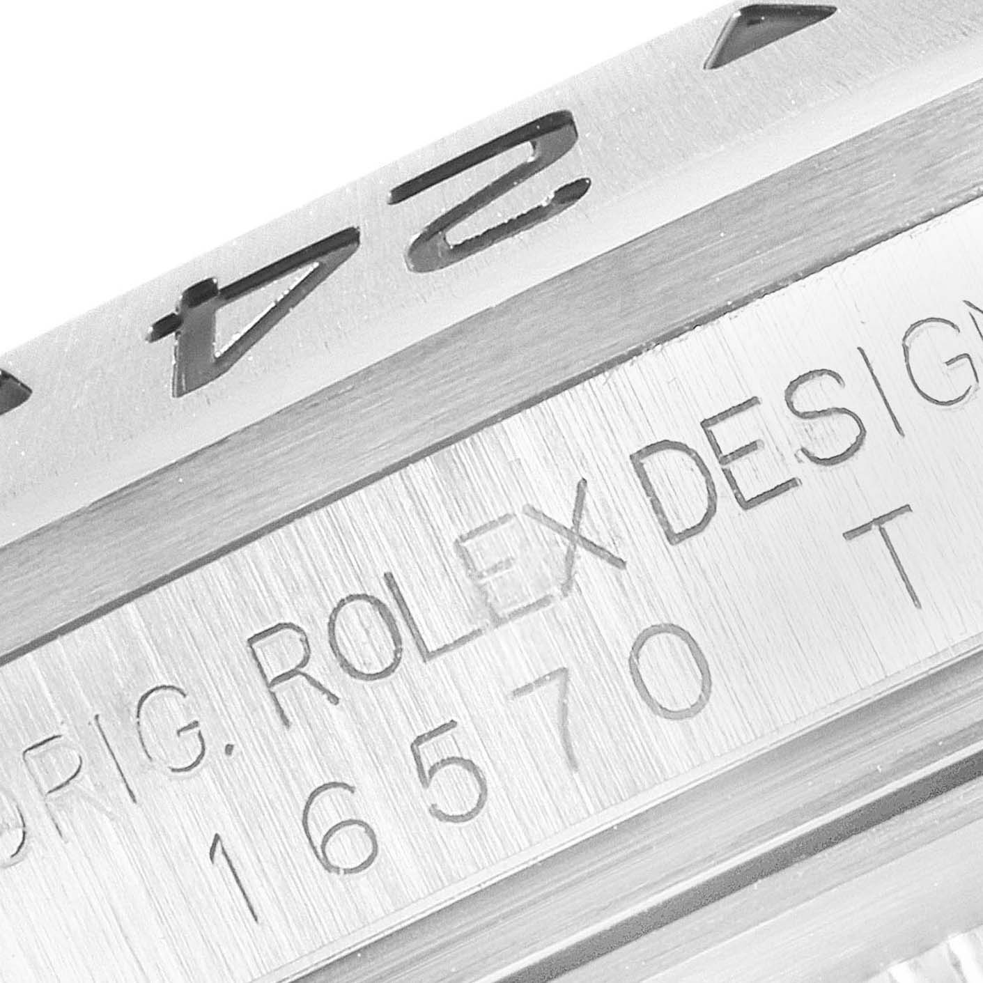 This image shows a close-up of the bezel and case side engraving of a Rolex Explorer 16570 Men
s Stainless Steel Black Dial 16570 Men
s Stainless Steel Black Dial model 16570.