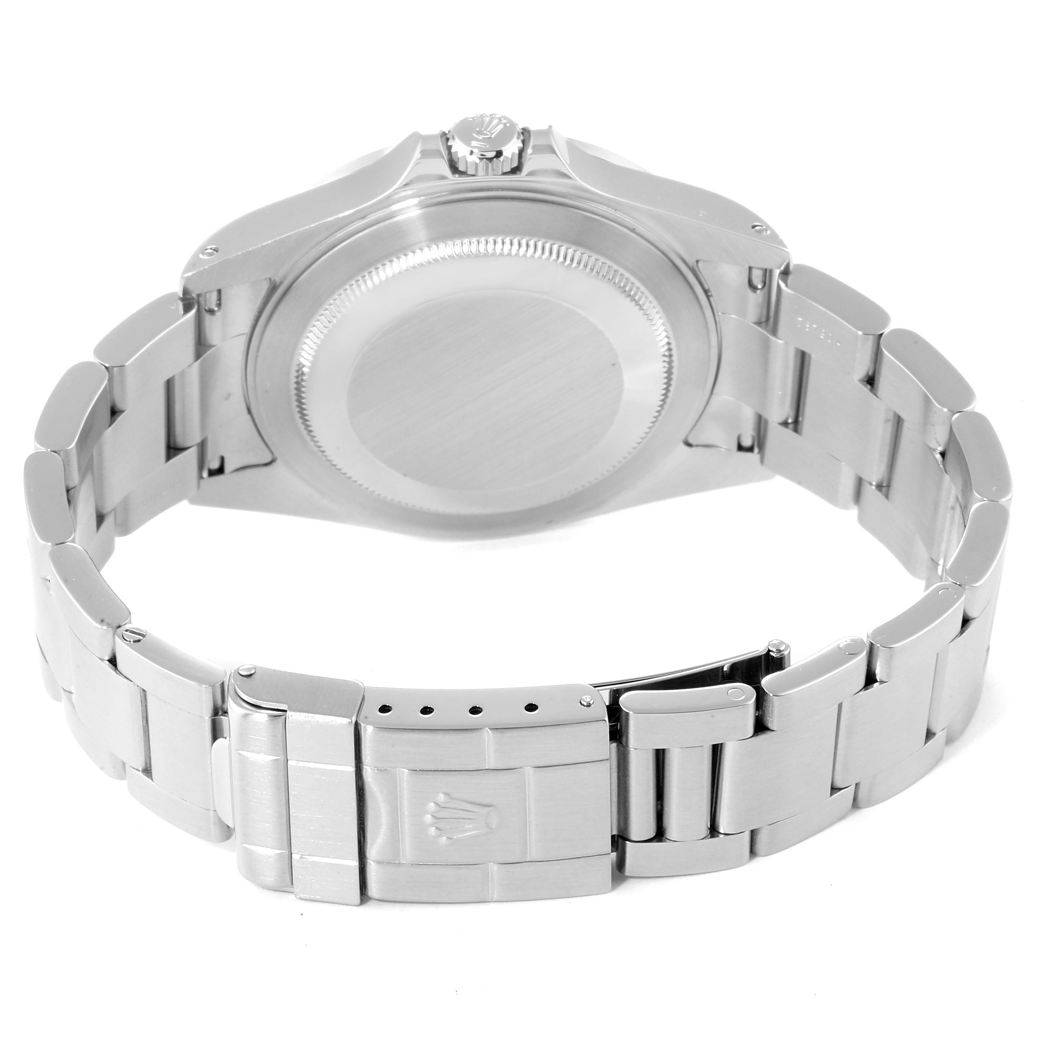 This image shows the back view of a Rolex Explorer 16570  Men
s Stainless Steel Black Dial 16570  Men
s Stainless Steel Black Dial watch, focusing on the case, crown, and metal bracelet.