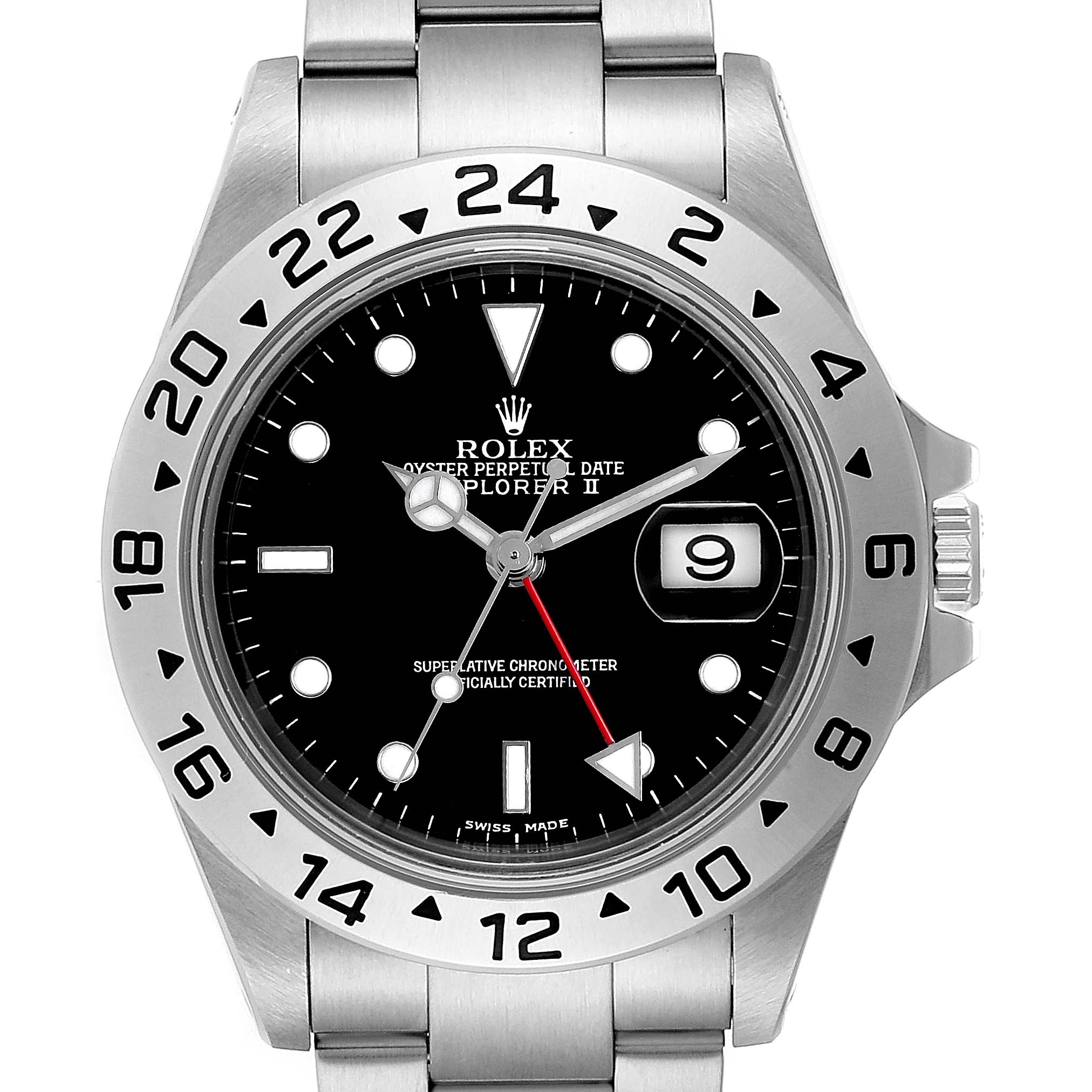 The image shows a close-up front view of the Rolex Explorer 16570  Men
s Stainless Steel Black Dial 16570  Men
s Stainless Steel Black Dial watch face and bracelet.