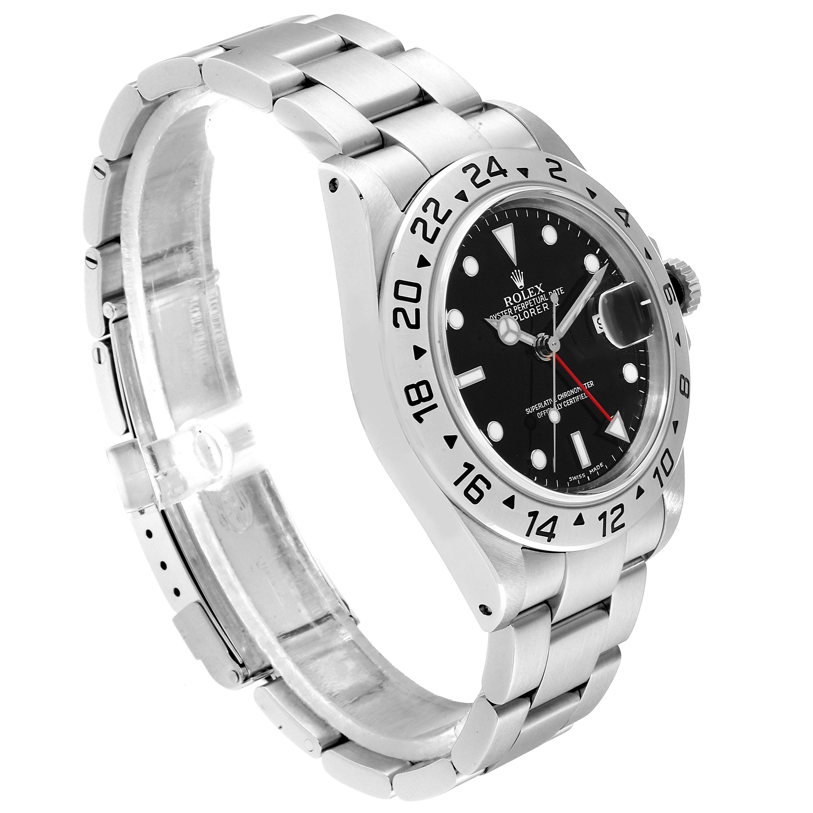 The Rolex Explorer 16570  Men
s Stainless Steel Black Dial 16570  Men
s Stainless Steel Black Dial watch is shown at an angle highlighting its face, bezel, steel bracelet, and crown.