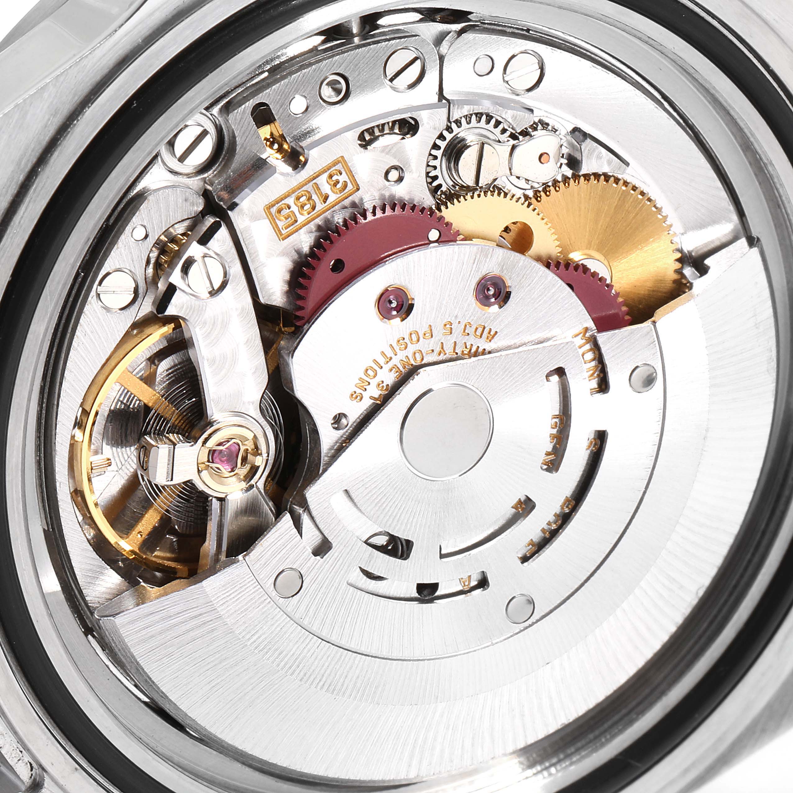 The image shows the inner mechanism and movement of the Rolex Explorer 16570  Men
s Stainless Steel Black Dial 16570  Men
s Stainless Steel Black Dial watch viewed from the back.