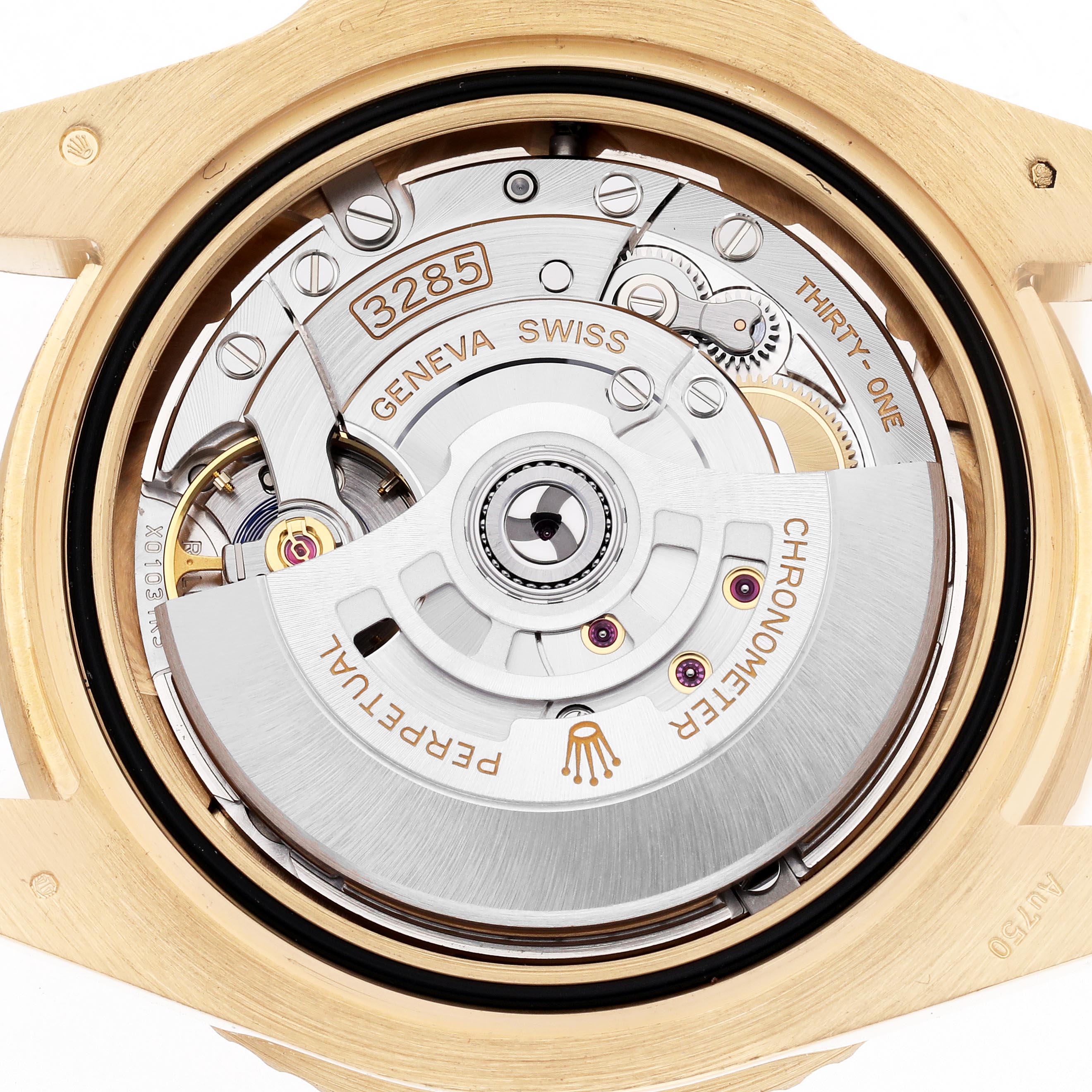 The image shows the movement of a Rolex GMT-Master 126718GRNR Men
s Yellow Gold Black Dial 126718GRNR Men
s Yellow Gold Black Dial, featuring the intricate internal mechanism with the rotor visible.