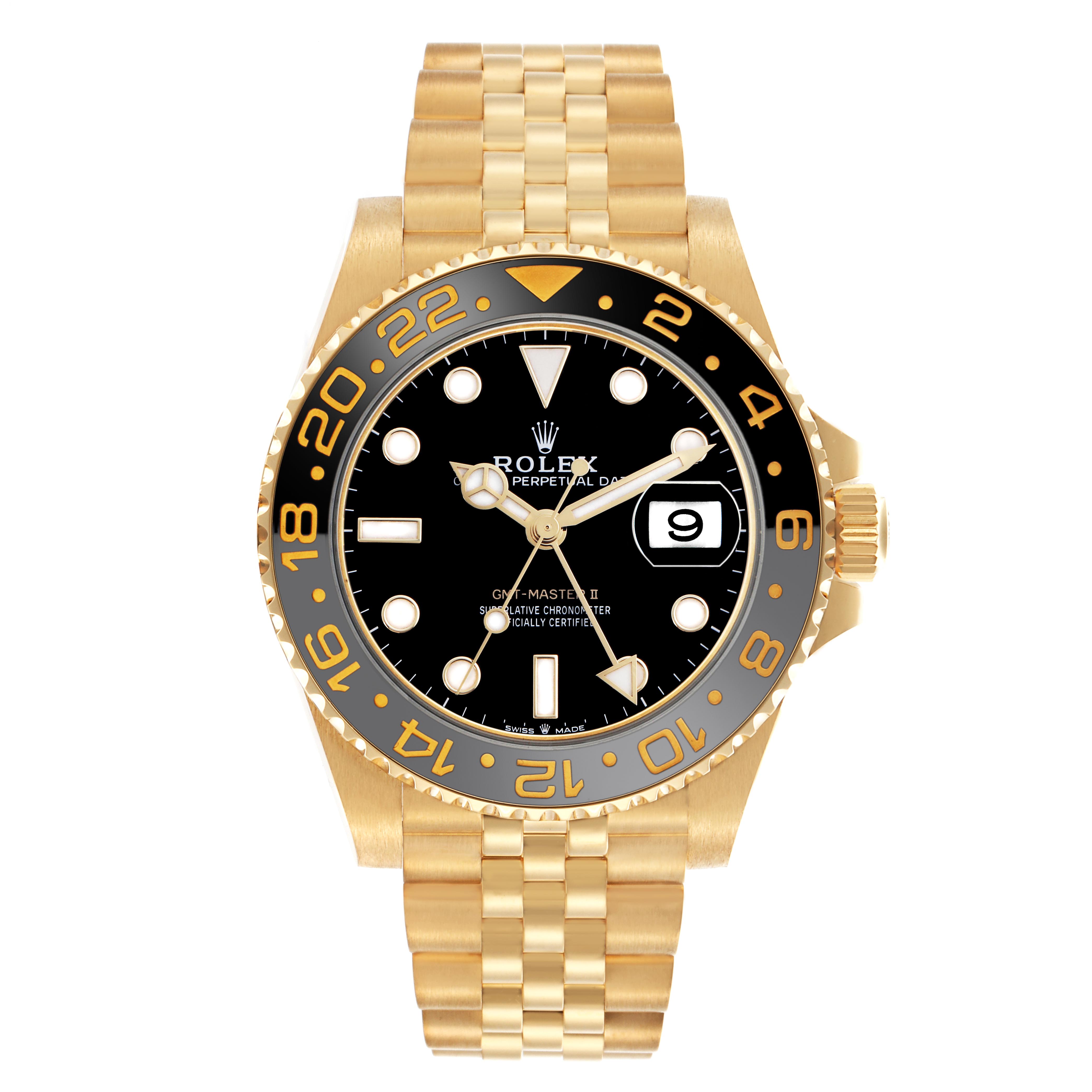 The Rolex GMT-Master 126718GRNR Men
s Yellow Gold Black Dial 126718GRNR Men
s Yellow Gold Black Dial is shown from a top-down angle, highlighting the black bezel, dial, and gold bracelet.