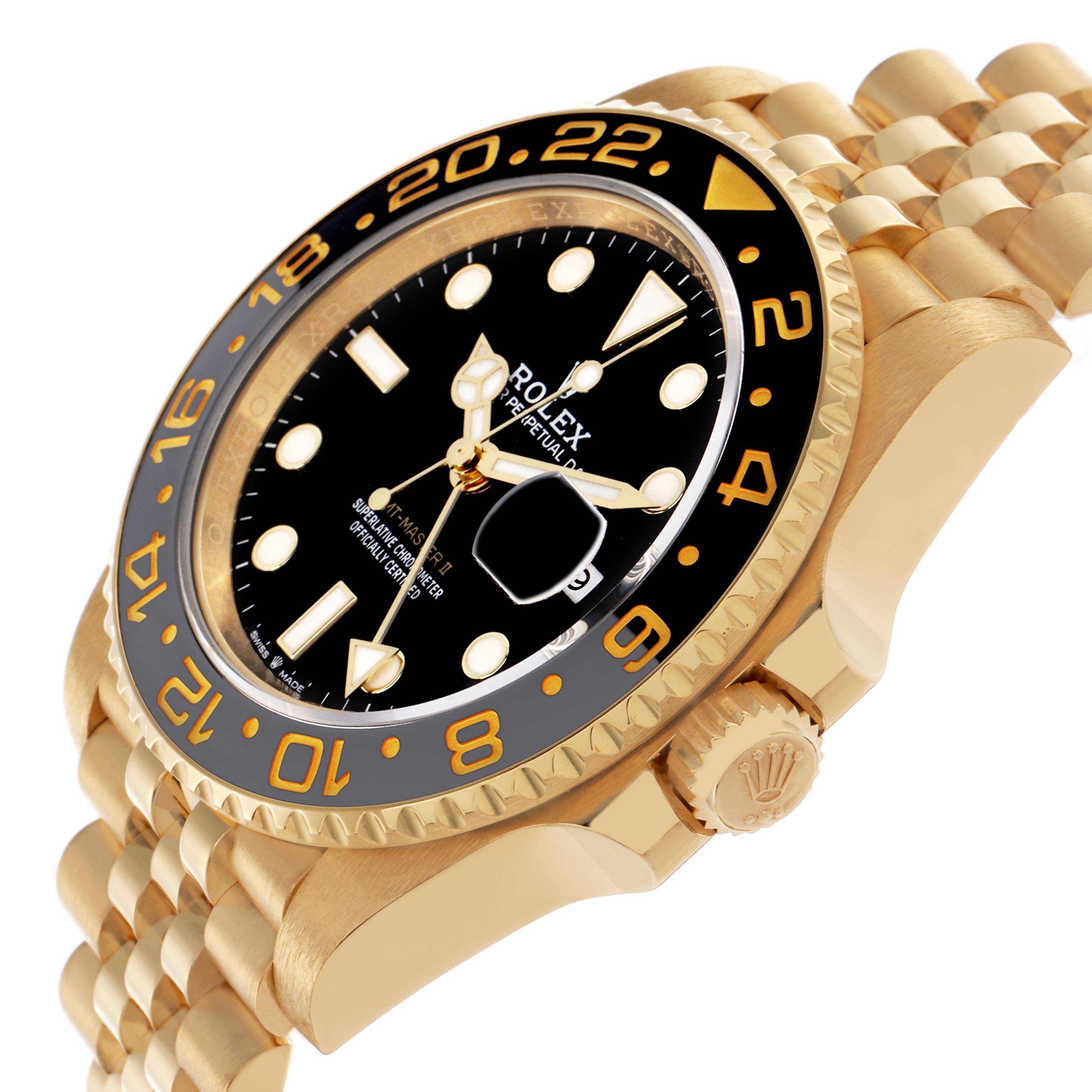The Rolex GMT-Master 126718GRNR Men
s Yellow Gold Black Dial 126718GRNR Men
s Yellow Gold Black Dial is shown at an angle highlighting the bezel, dial, crown, and part of the bracelet.