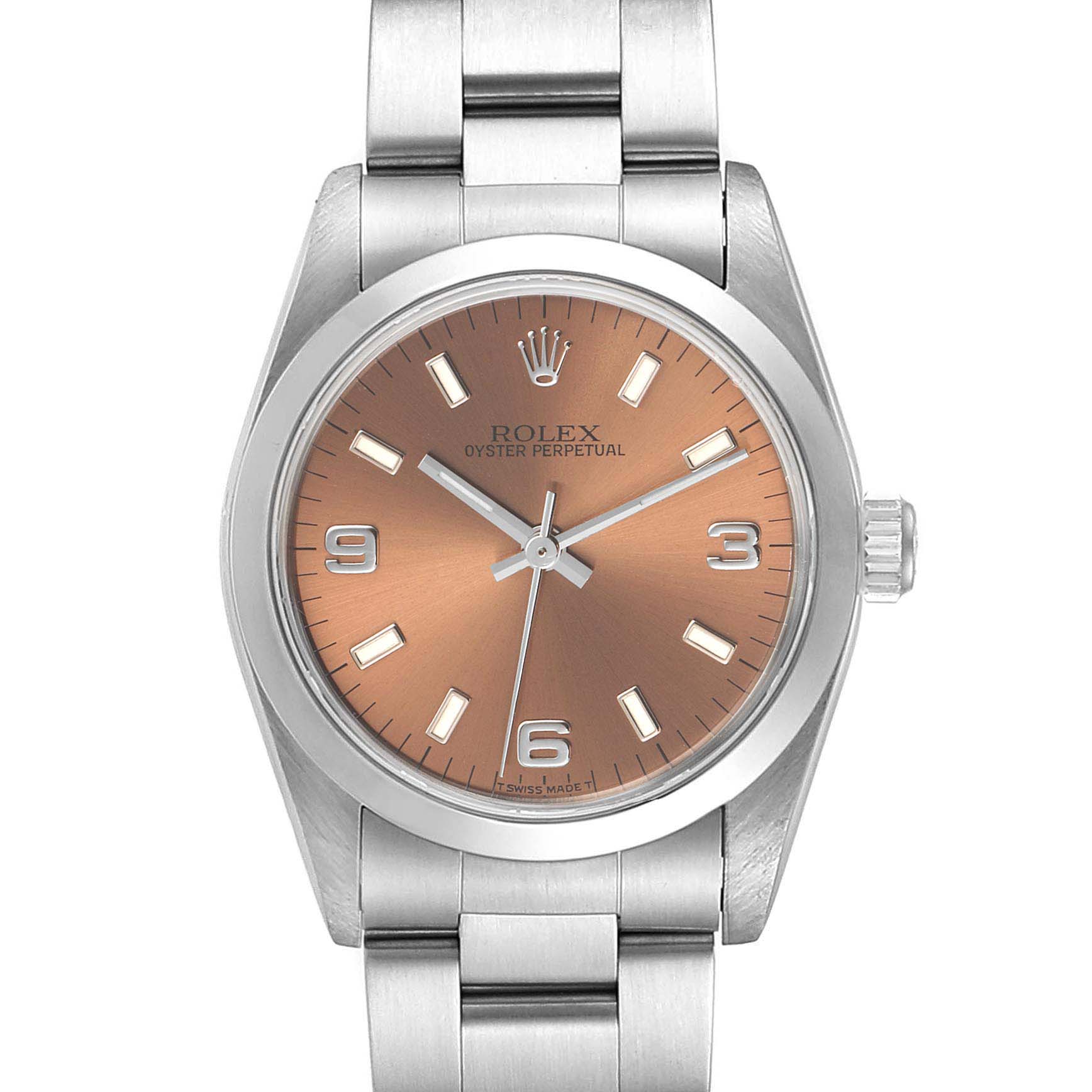 This image shows a front view of a Mid-Size Rolex Oyster Perpetual watch with a brown dial and silver bracelet.