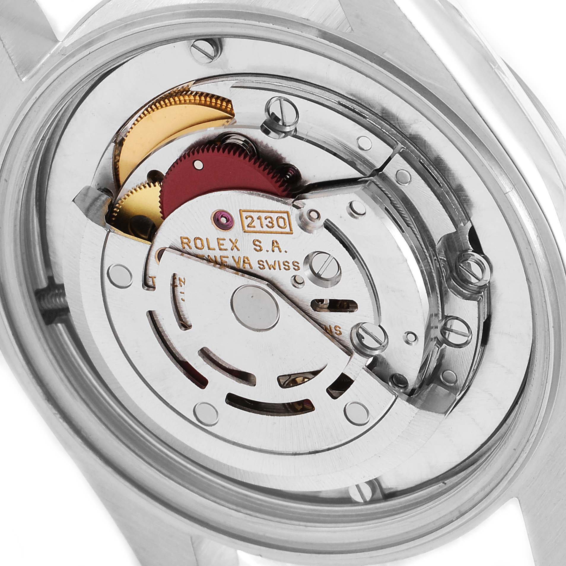 This image shows the backside internal mechanism of a Mid-Size Rolex watch, specifically highlighting the intricate gear systems.