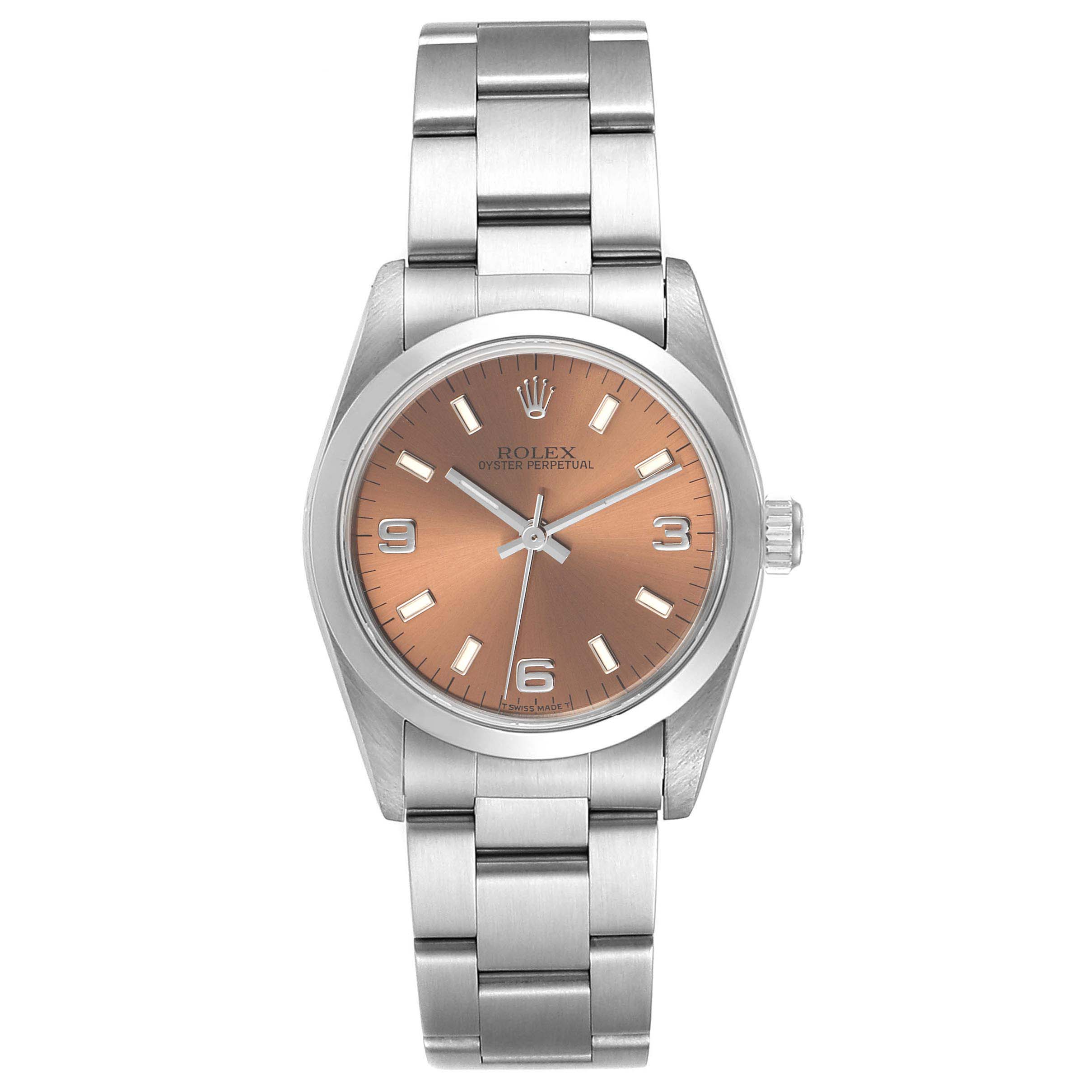 This image shows a front view of a Rolex Mid-Size 67480 Women
s Stainless Steel Pink Dial 67480 Women
s Stainless Steel Pink Dial model watch, highlighting its dial, bezel, and bracelet.