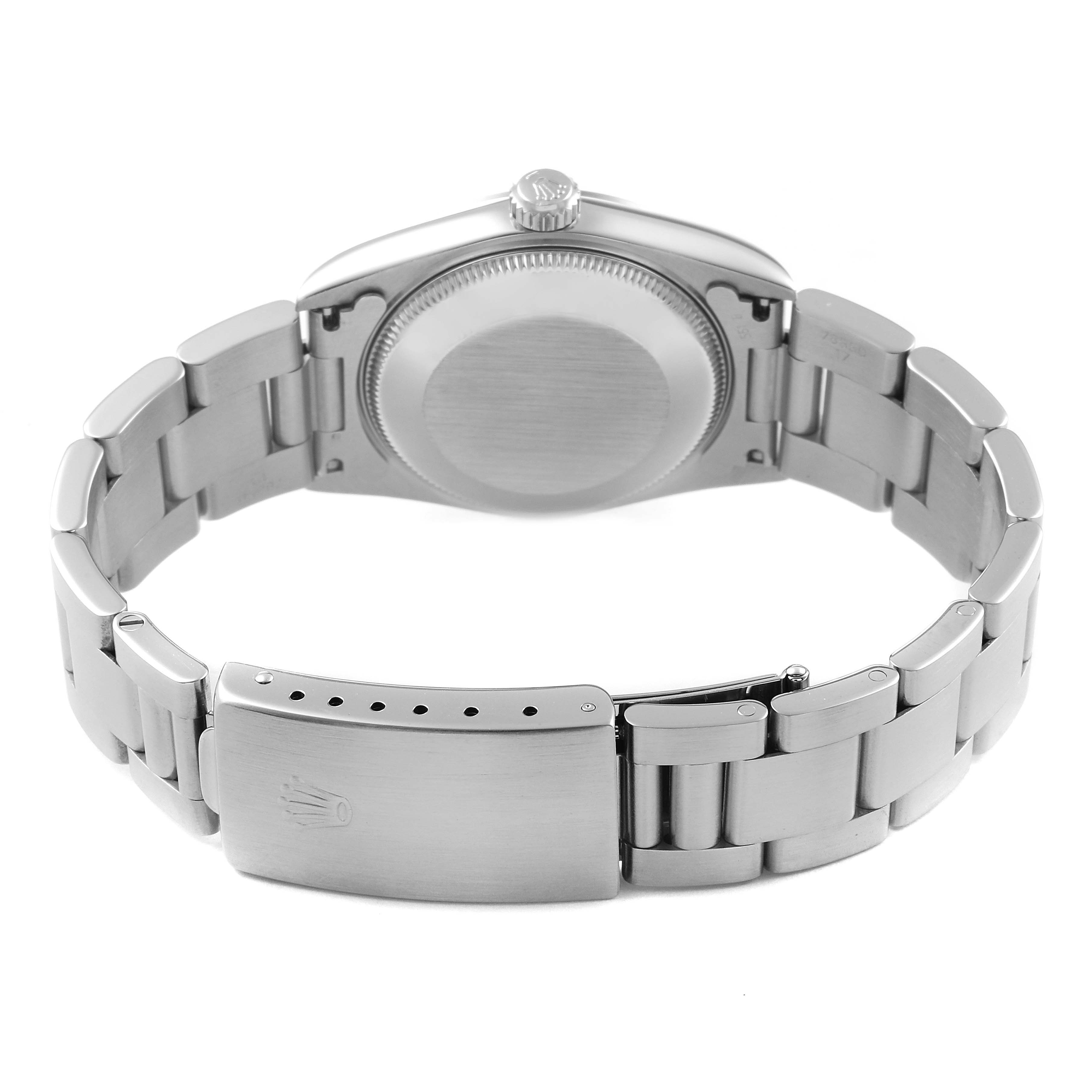 This image shows the back view of a Rolex Mid-Size 67480 Women
s Stainless Steel Pink Dial 67480 Women
s Stainless Steel Pink Dial watch, including the case back, bracelet, and clasp.