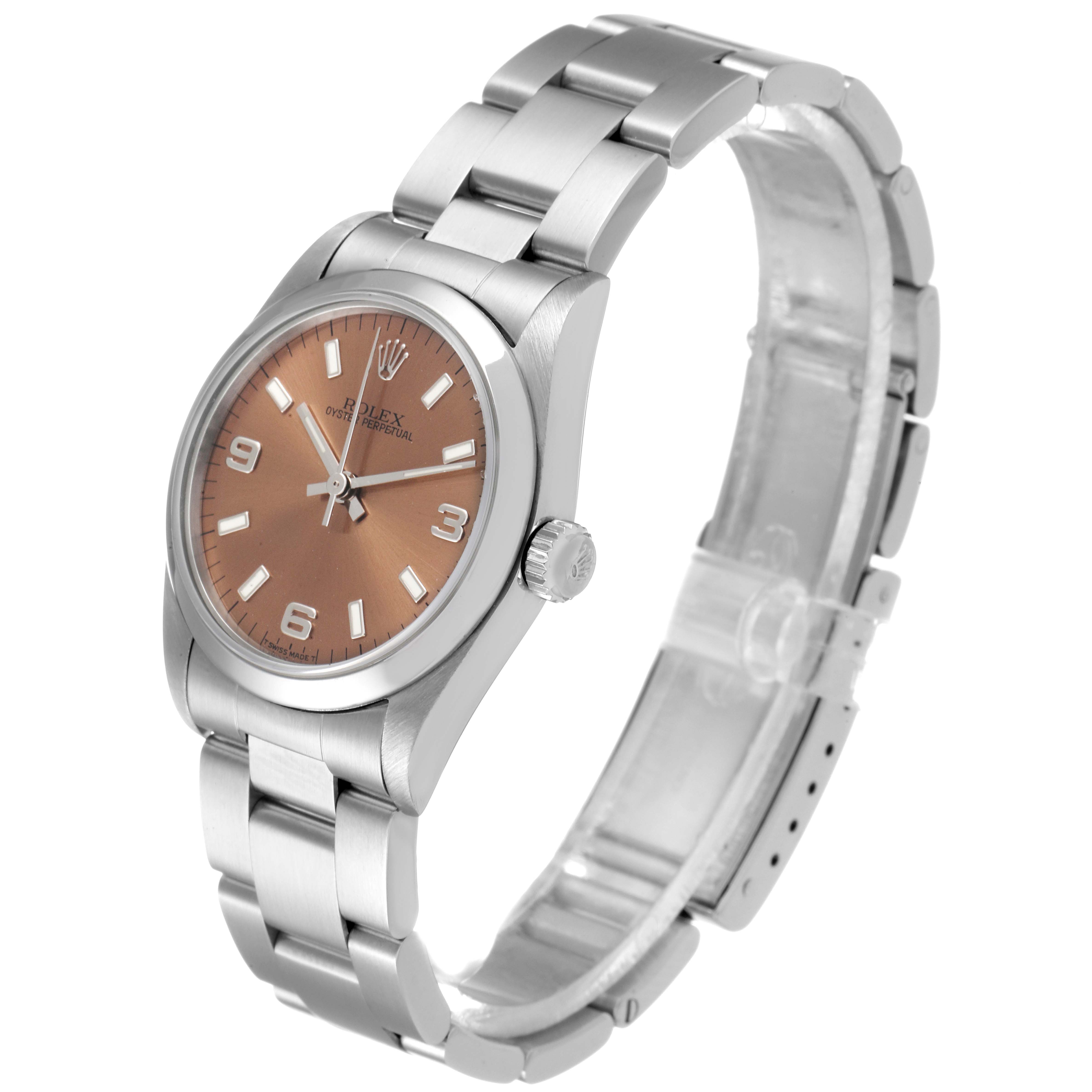 The Rolex Mid-Size 67480 Women
s Stainless Steel Pink Dial 67480 Women
s Stainless Steel Pink Dial model watch is shown from a 3/4 angle, displaying the face, crown, and part of the bracelet.