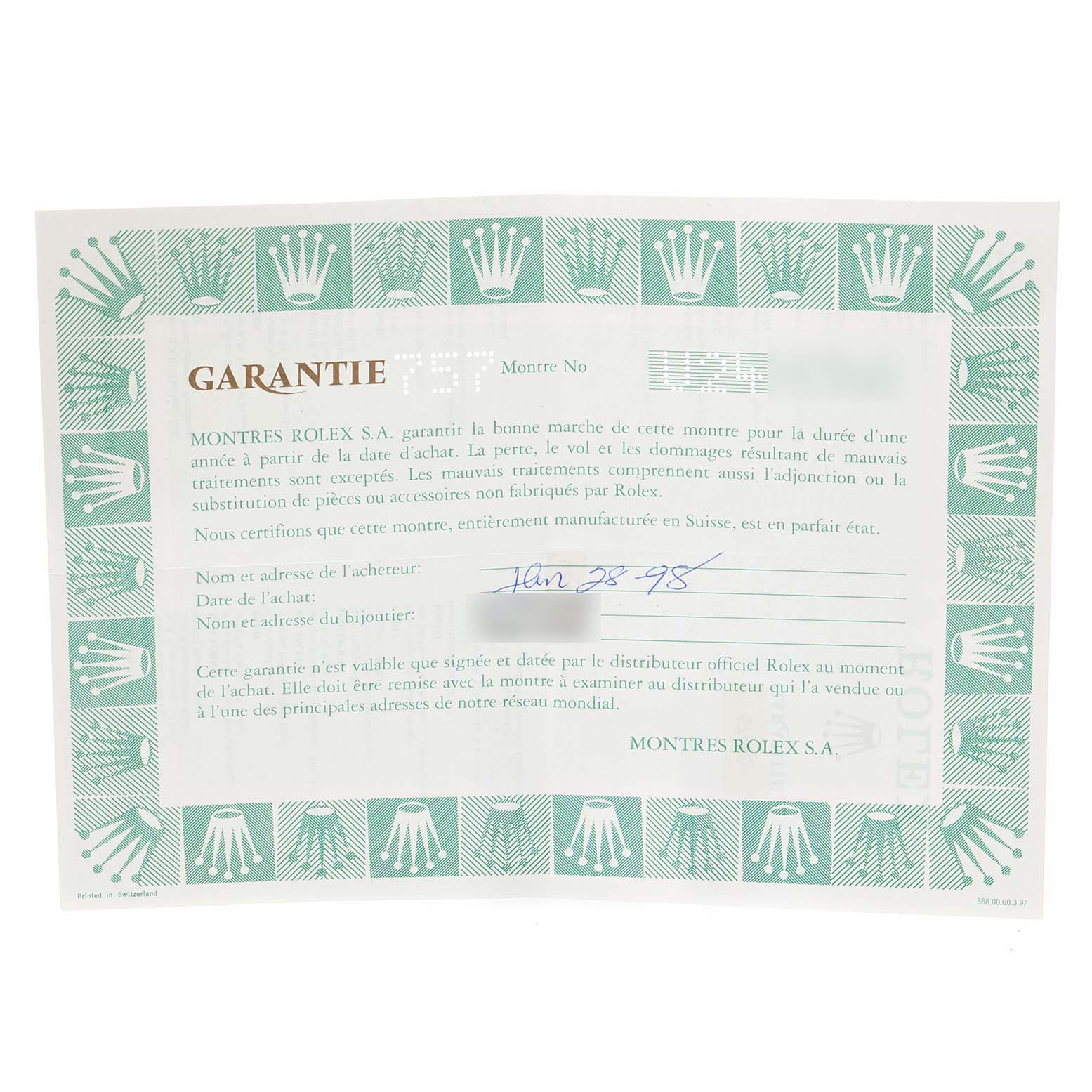 The image shows a warranty certificate for a Rolex Mid-Size 67480 Women
s Stainless Steel Pink Dial 67480 Women
s Stainless Steel Pink Dial model, viewed from a top-down angle.