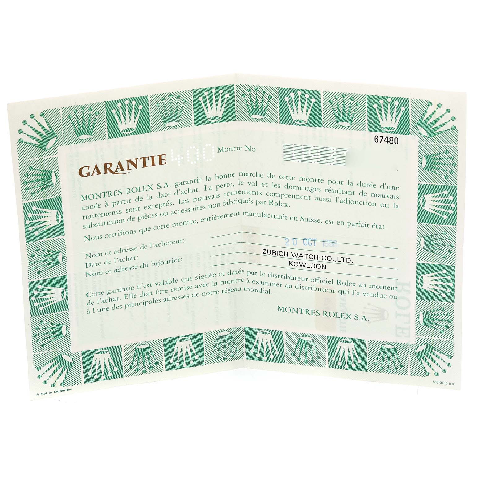 The image shows the warranty certificate for a Rolex watch, Mid-Size model, with green decorative borders and Rolex logos.